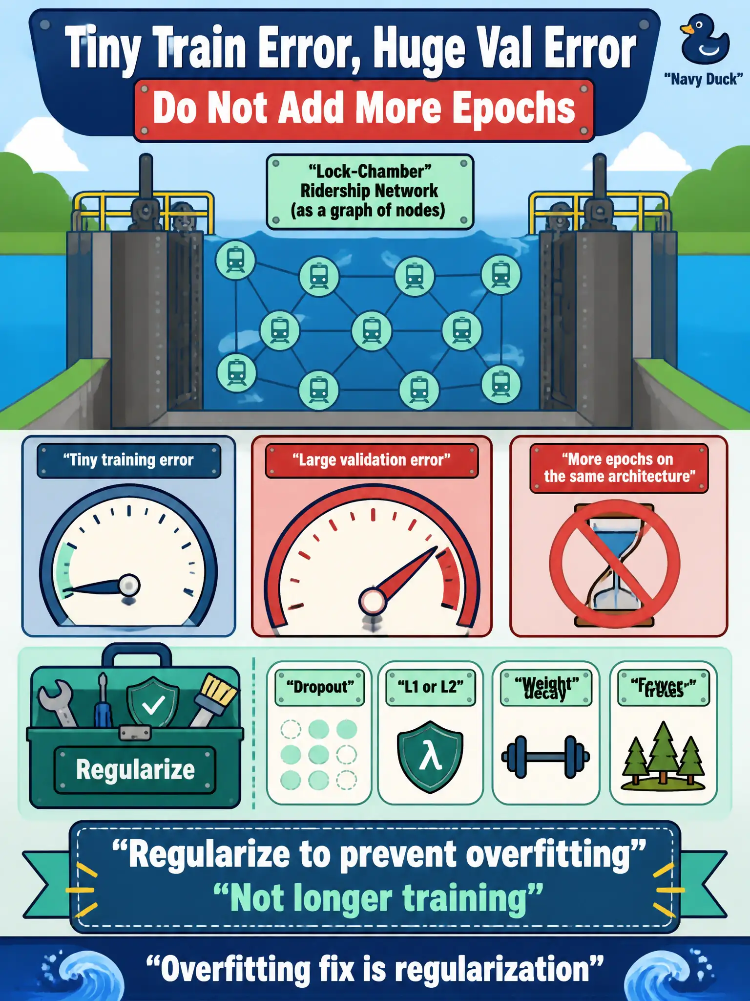 To Create an exciting colorful infographic that explains the concepts in the question: Question: A lock-chamber ridership network posts a tiny training error and a large validation error. The first proposed fix is more epochs on the same architecture. What should they do instead? Correct Answer: Regularize to prevent overfitting (dropout, L1 or L2, weight decay, or fewer trees), not longer training. Put EVERY visible label in double quotes. No people. No A/B/C/D letters. In one of the four corners put a little "Navy Duck".