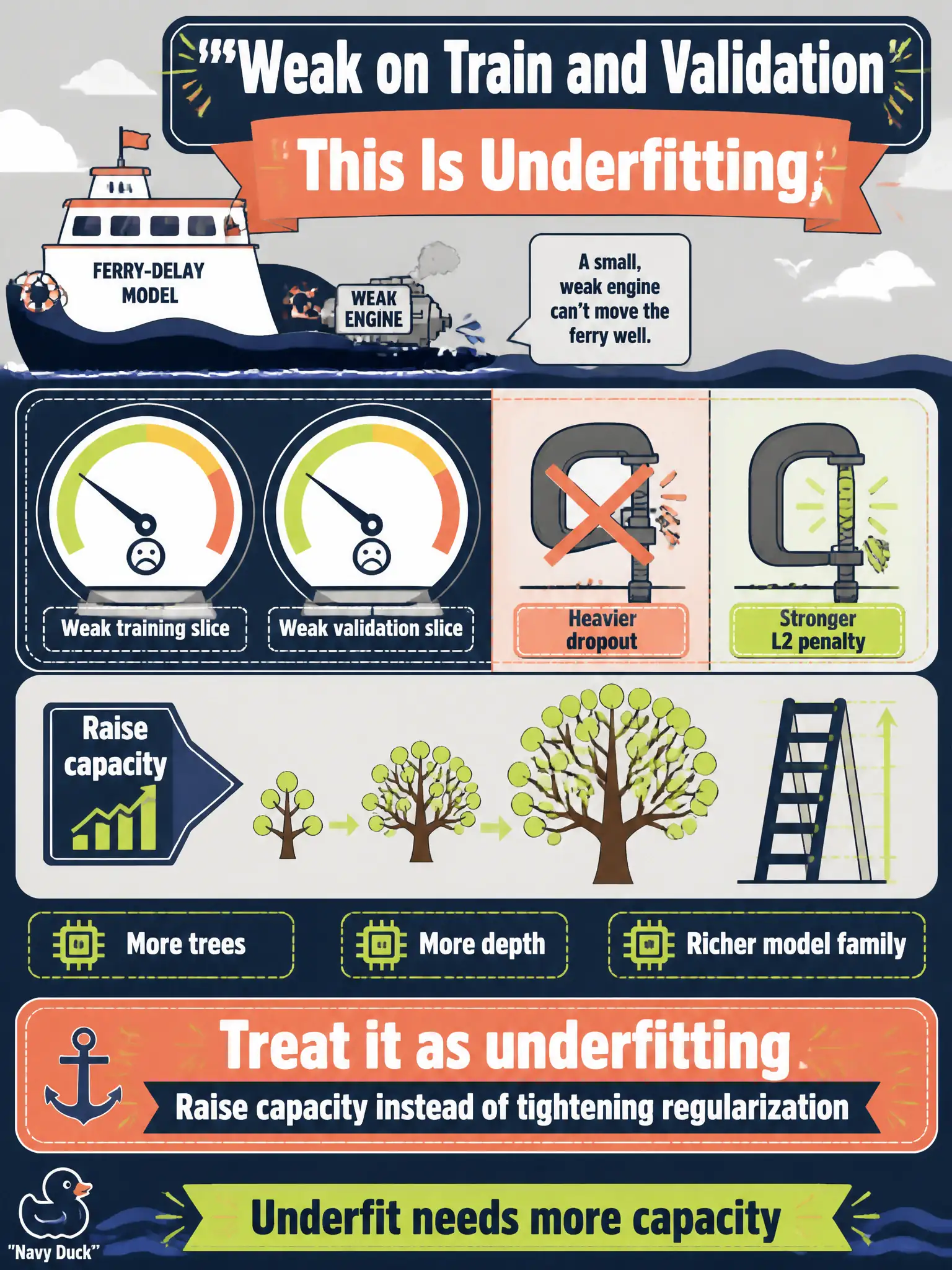 To Create an exciting colorful infographic that explains the concepts in the question: Question: A ferry-delay model is weak on both the training slice and the validation slice. Someone adds heavier dropout and a stronger L2 penalty. What should change instead? Correct Answer: Treat it as underfitting. Raise capacity (more trees, more depth, or a richer model family) instead of tightening regularization. Put EVERY visible label in double quotes. No people. No A/B/C/D letters. In one of the four corners put a little "Navy Duck".