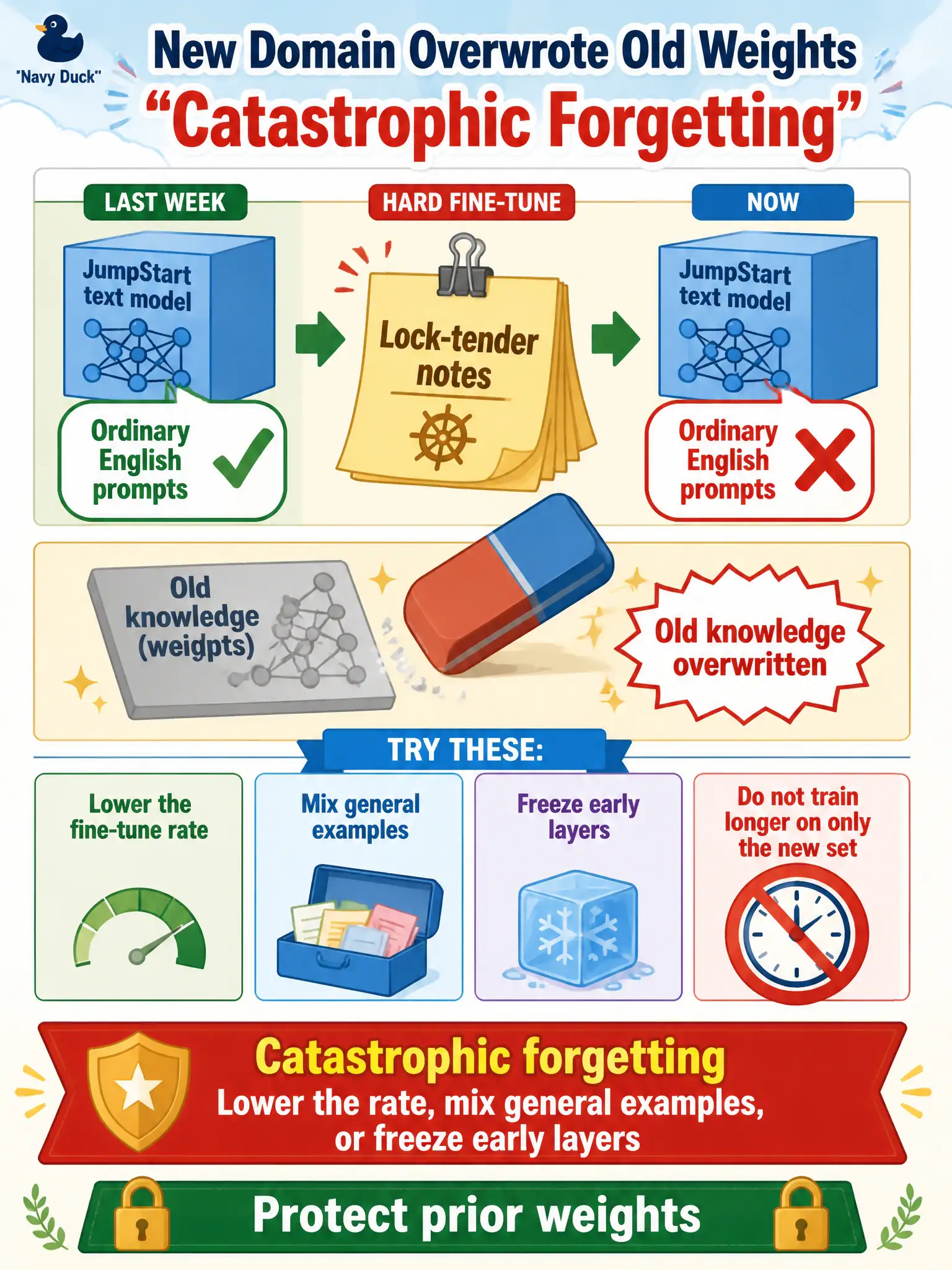 To Create an exciting colorful infographic that explains the concepts in the question: Question: A JumpStart text model fine-tuned hard on lock-tender notes now fails ordinary English prompts it handled last week. The new domain overwrote the old weights. What happened, and what should they try? Correct Answer: Catastrophic forgetting. Lower the fine-tune rate, mix general examples, or freeze early layers rather than training longer on only the new set. Put EVERY visible label in double quotes. No people. No A/B/C/D letters. In one of the four corners put a little "Navy Duck".