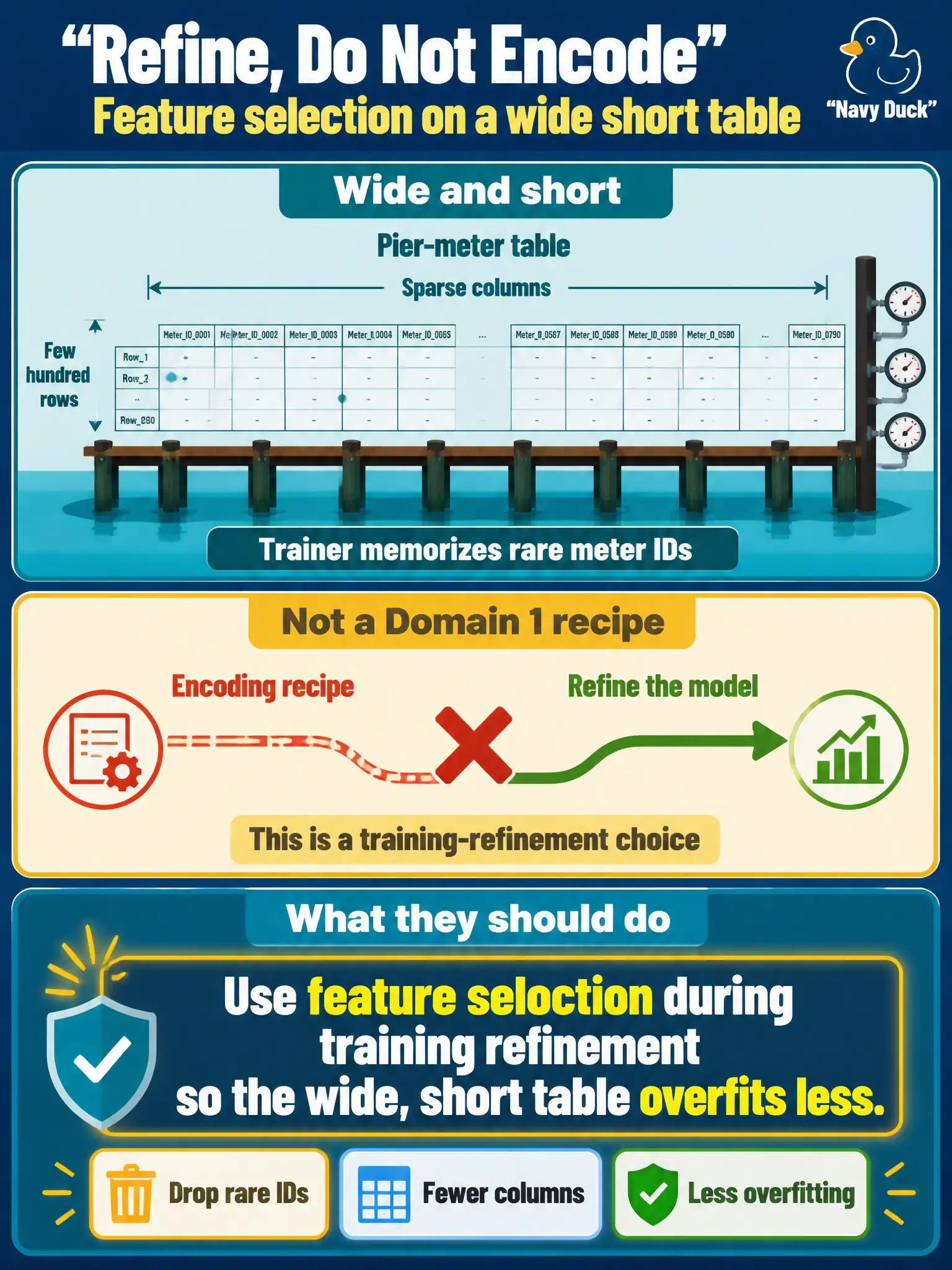 To Create an exciting colorful infographic that explains the concepts in the question: Question: A pier-meter table has a couple of hundred sparse columns and only a few hundred rows. The trainer memorizes rare meter IDs. This is a refine-the-model choice, not a Domain 1 encoding recipe. What should they do? Correct Answer: Use feature selection during training refinement so the wide, short table overfits less. Put EVERY visible label in double quotes. No people. No A/B/C/D letters. In one of the four corners put a little "Navy Duck".