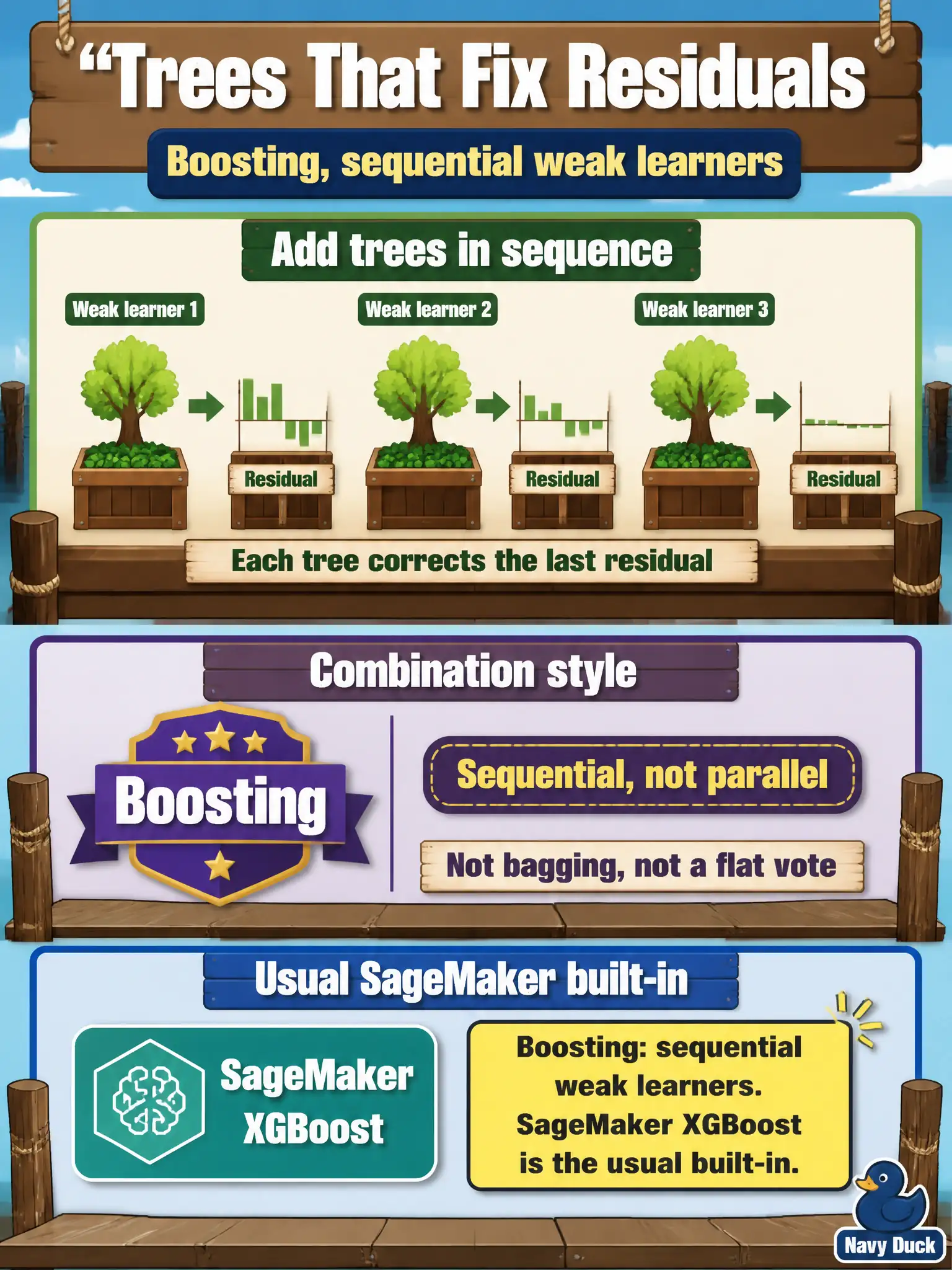 To Create an exciting colorful infographic that explains the concepts in the question: Question: A pier-vendor sales model is built by adding trees that correct the previous trees' residuals. Which combination style is that, and which SageMaker built-in usually does it? Correct Answer: Boosting: sequential weak learners. SageMaker XGBoost is the usual built-in. Put EVERY visible label in double quotes. No people. No A/B/C/D letters. In one of the four corners put a little "Navy Duck".