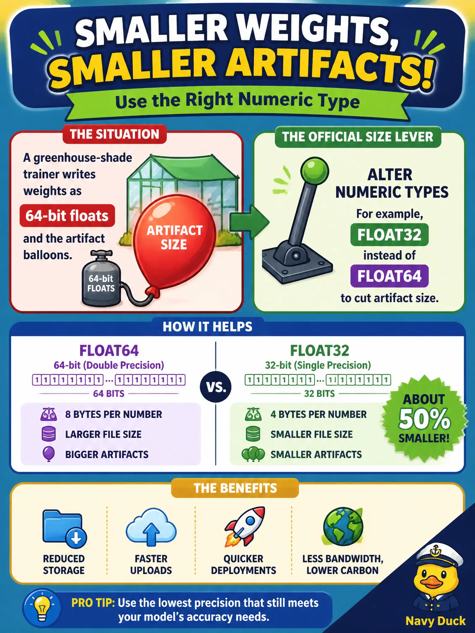To Create an exciting colorful infographic that explains the concepts in the question: Question: A greenhouse-shade trainer writes weights as 64-bit floats and the artifact balloons. Which official size lever should they use? Correct Answer: Alter numeric types, for example float32 instead of float64, to cut artifact size. Put EVERY visible label in double quotes. No people. No A/B/C/D letters. In one of the four corners put a little "Navy Duck".
