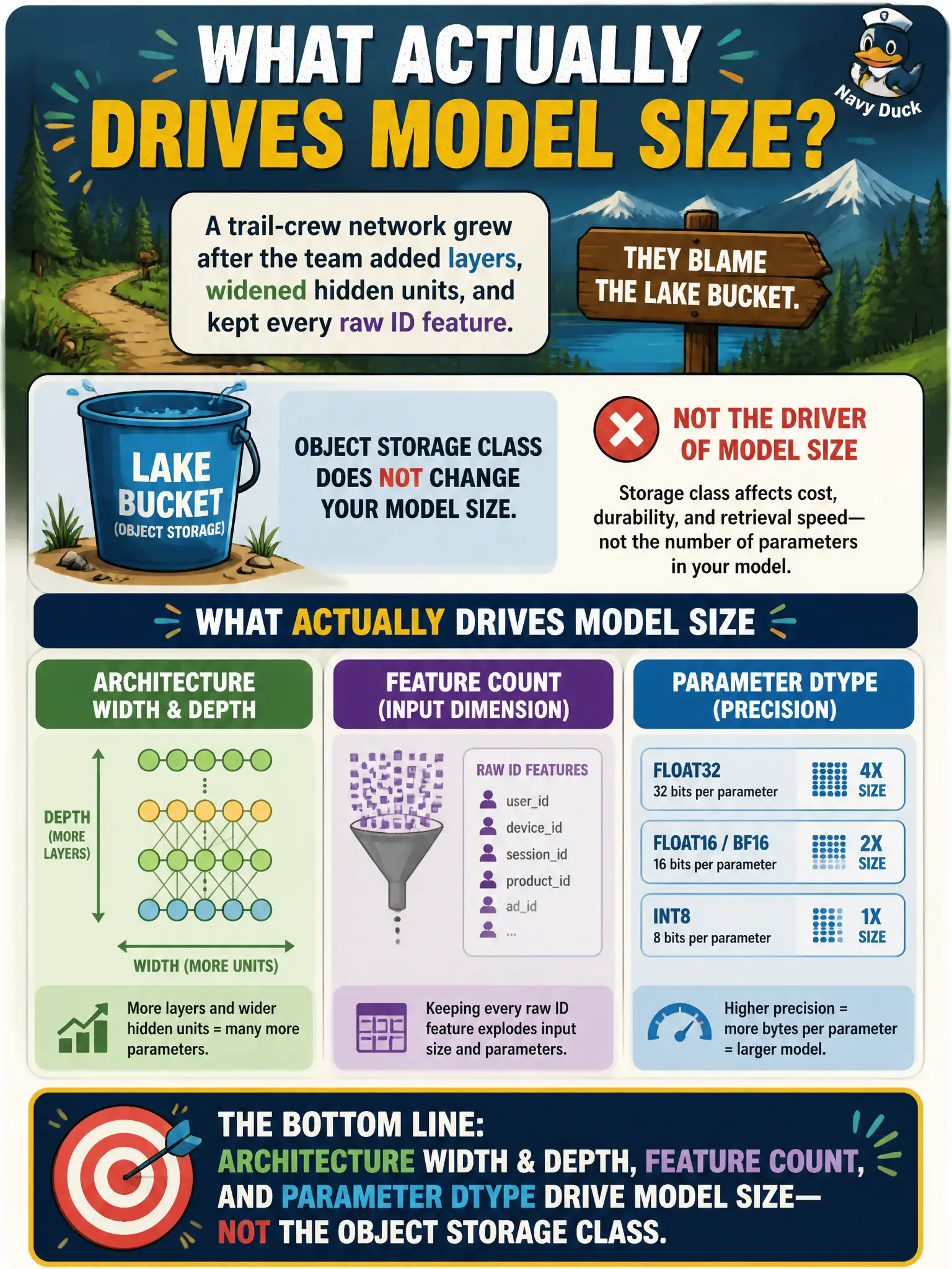 To Create an exciting colorful infographic that explains the concepts in the question: Question: A trail-crew network grew after the team added layers, widened hidden units, and kept every raw ID feature. They blame the lake bucket. What actually drives model size? Correct Answer: Architecture width and depth, feature count, and parameter dtype, not the object-storage class. Put EVERY visible label in double quotes. No people. No A/B/C/D letters. In one of the four corners put a little "Navy Duck".