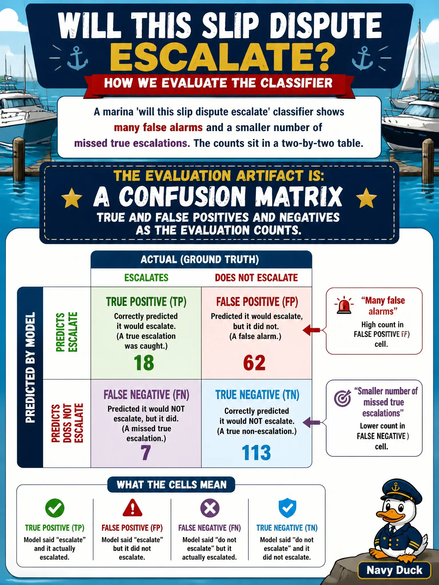 To Create an exciting colorful infographic that explains the concepts in the question: Question: A marina 'will this slip dispute escalate' classifier shows many false alarms and a smaller number of missed true escalations. The counts sit in a two-by-two table. What evaluation artifact is that, and what do the cells mean? Correct Answer: A confusion matrix: true and false positives and negatives as the evaluation counts. Put EVERY visible label in double quotes. No people. No A/B/C/D letters. In one of the four corners put a little "Navy Duck".
