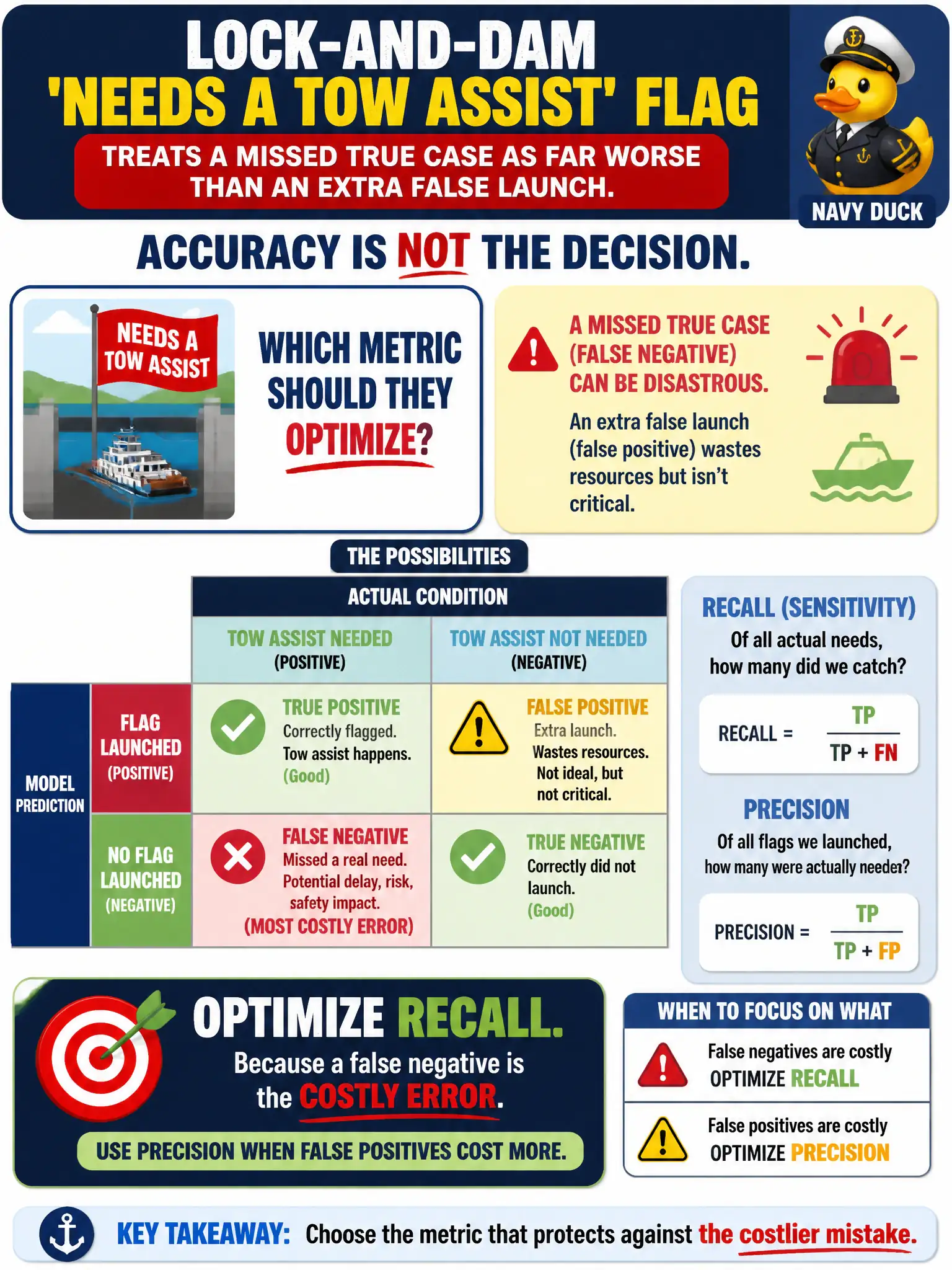 To Create an exciting colorful infographic that explains the concepts in the question: Question: A lock-and-dam 'needs a tow assist' flag treats a missed true case as far worse than an extra false launch. Accuracy is not the decision. Which metric should they optimize? Correct Answer: Recall, because a false negative is the costly error. Use precision when false positives cost more. Put EVERY visible label in double quotes. No people. No A/B/C/D letters. In one of the four corners put a little "Navy Duck".