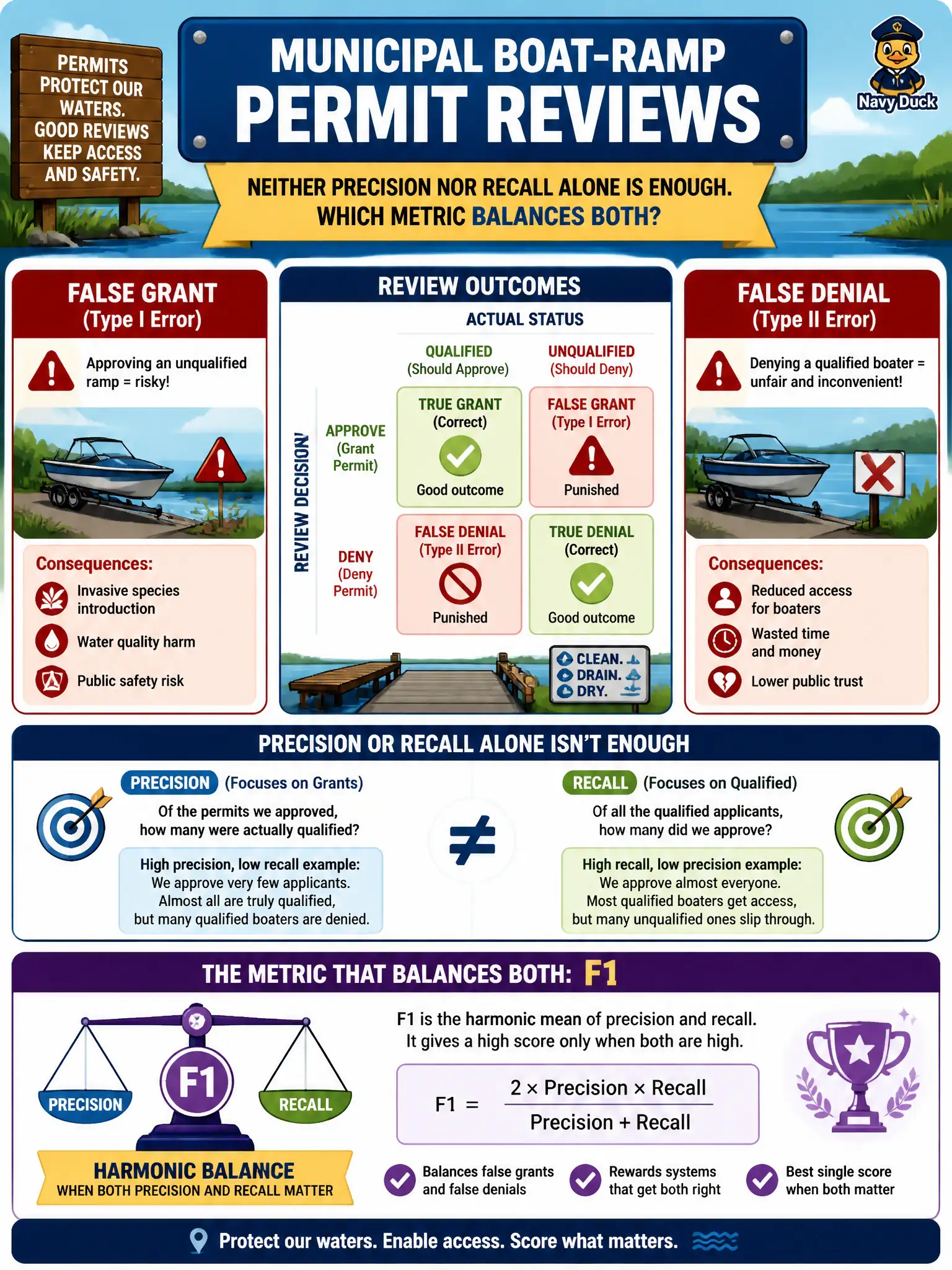 To Create an exciting colorful infographic that explains the concepts in the question: Question: Municipal boat-ramp permit reviews punish both a false grant and a false denial. Neither precision nor recall alone is enough. Which metric balances both? Correct Answer: F1, the harmonic balance when both precision and recall matter. Put EVERY visible label in double quotes. No people. No A/B/C/D letters. In one of the four corners put a little "Navy Duck".