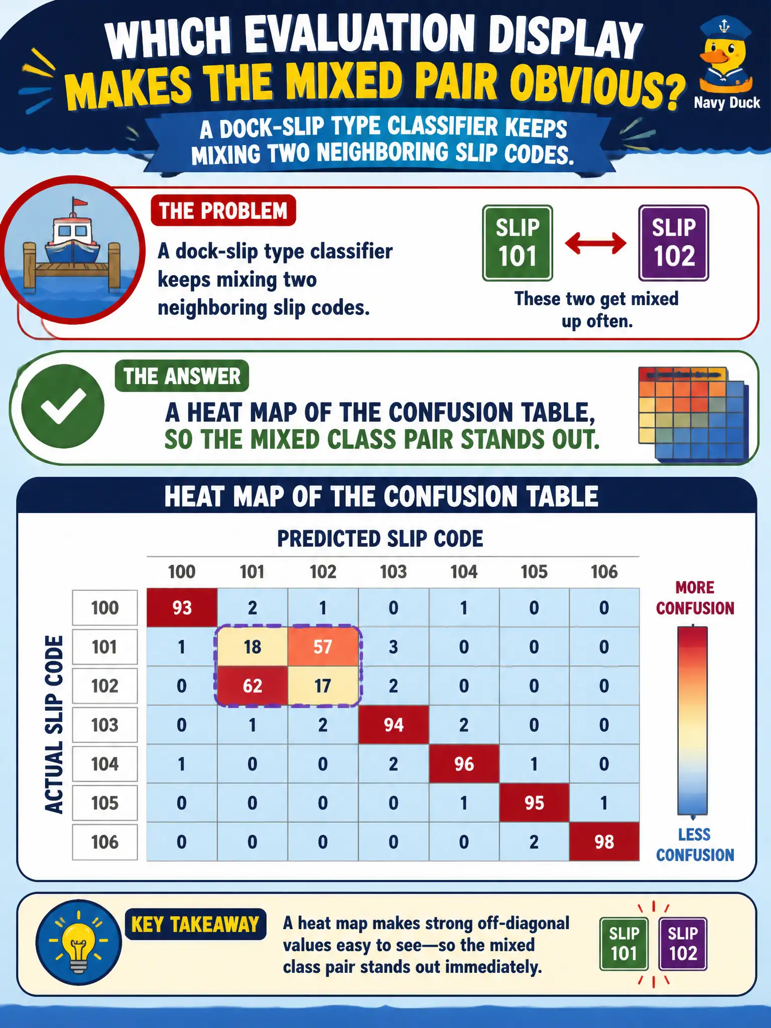 To Create an exciting colorful infographic that explains the concepts in the question: Question: A dock-slip type classifier keeps mixing two neighboring slip codes. Which evaluation display makes that pair obvious? Correct Answer: A heat map of the confusion table, so the mixed class pair stands out. Put EVERY visible label in double quotes. No people. No A/B/C/D letters. In one of the four corners put a little "Navy Duck".