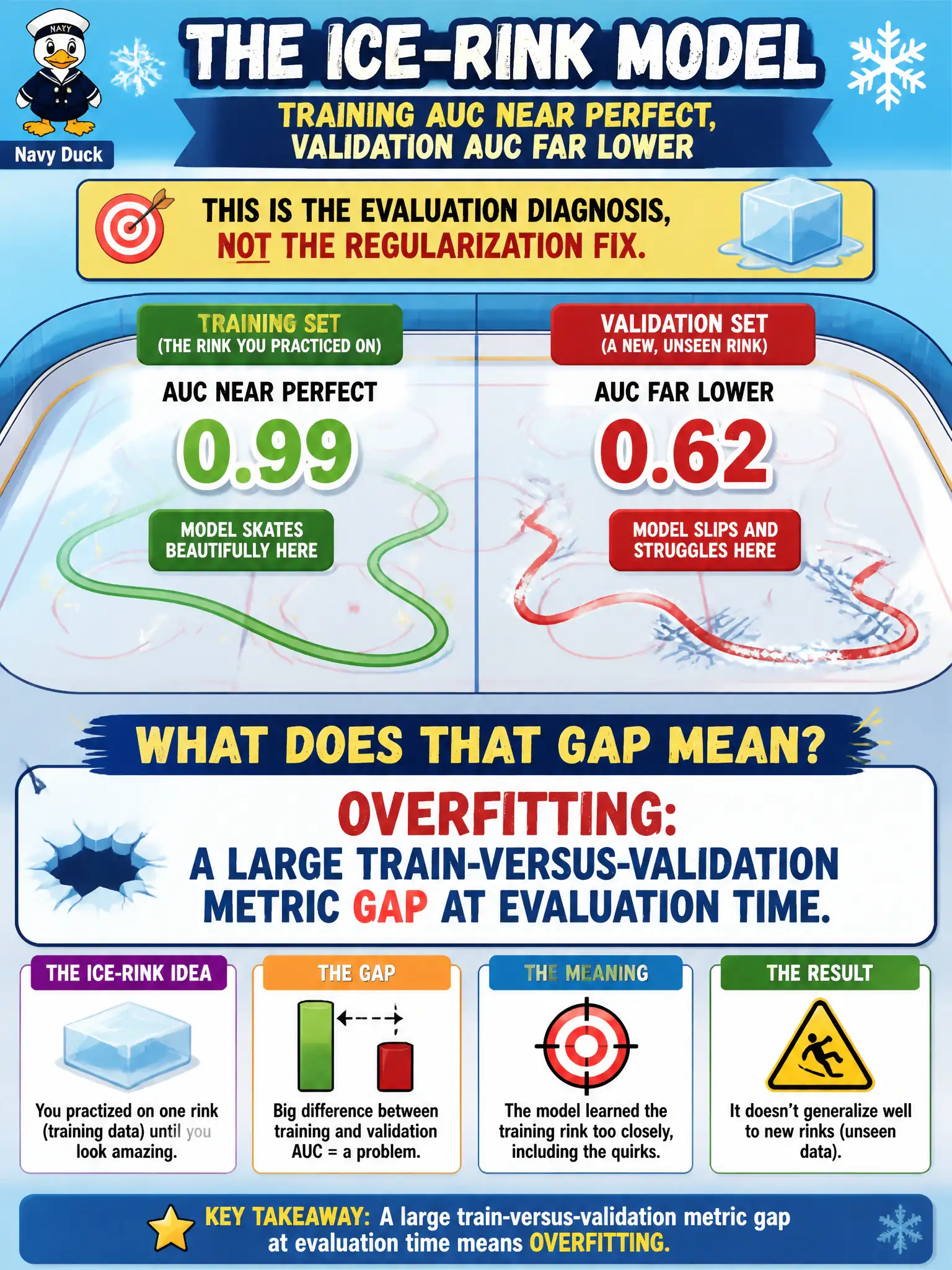 To Create an exciting colorful infographic that explains the concepts in the question: Question: An ice-rink model shows training AUC near perfect and validation AUC far lower. This is the evaluation diagnosis, not the regularization fix. What does that gap mean? Correct Answer: Overfitting: a large train-versus-validation metric gap at evaluation time. Put EVERY visible label in double quotes. No people. No A/B/C/D letters. In one of the four corners put a little "Navy Duck".