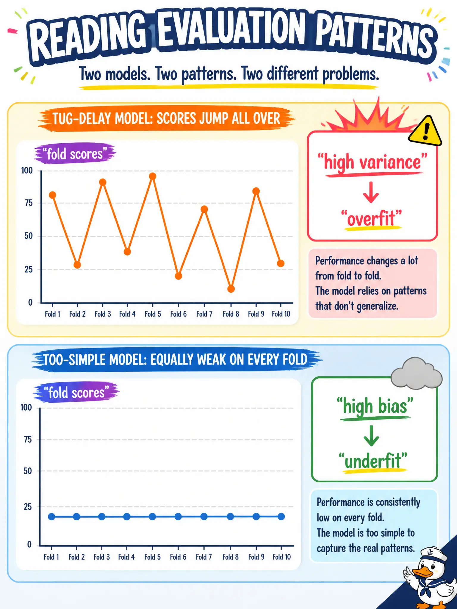 To Create an exciting colorful infographic that explains the concepts in the question: Question: A tug-delay model's fold scores jump all over, while a second, too-simple model is equally weak on every fold. How should those evaluation patterns be read? Correct Answer: Jumping fold scores are high variance (overfit risk). Equally weak folds are high bias (underfit). Put EVERY visible label in double quotes. No people. No A/B/C/D letters. In one of the four corners put a little "Navy Duck".