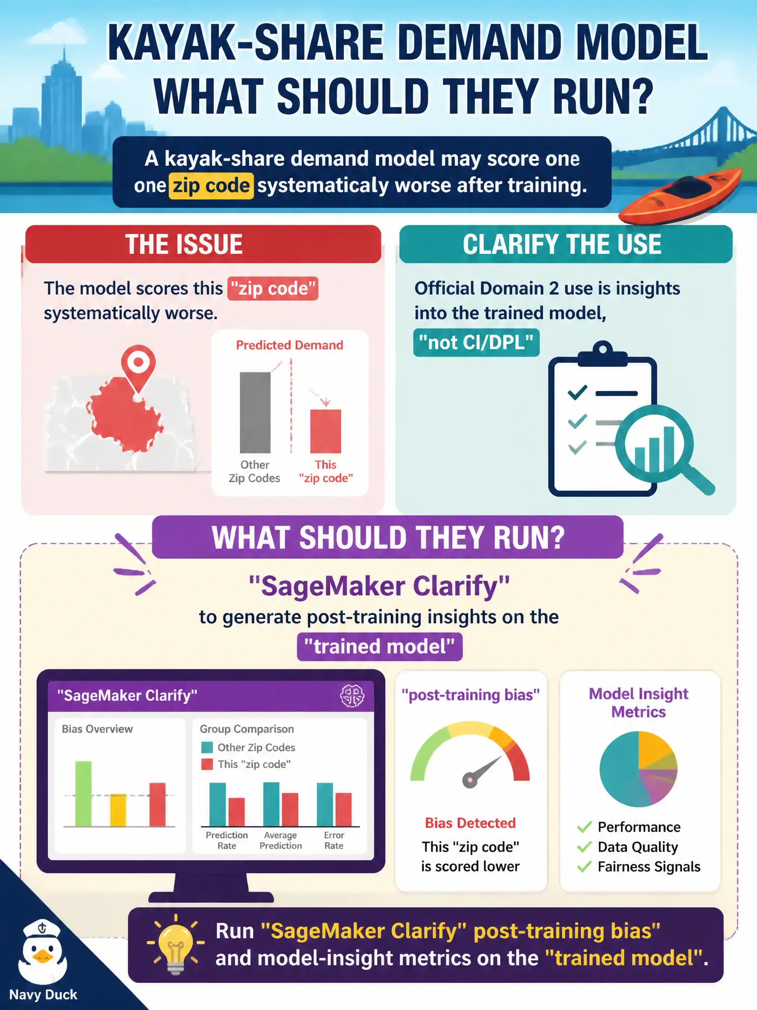 To Create an exciting colorful infographic that explains the concepts in the question: Question: A kayak-share demand model may score one zip code systematically worse after training. The official Domain 2 Clarify use is insights into the trained model, not the Domain 1 CI/DPL data report. What should they run? Correct Answer: SageMaker Clarify post-training bias and model-insight metrics on the trained model. Put EVERY visible label in double quotes. No people. No A/B/C/D letters. In one of the four corners put a little "Navy Duck".
