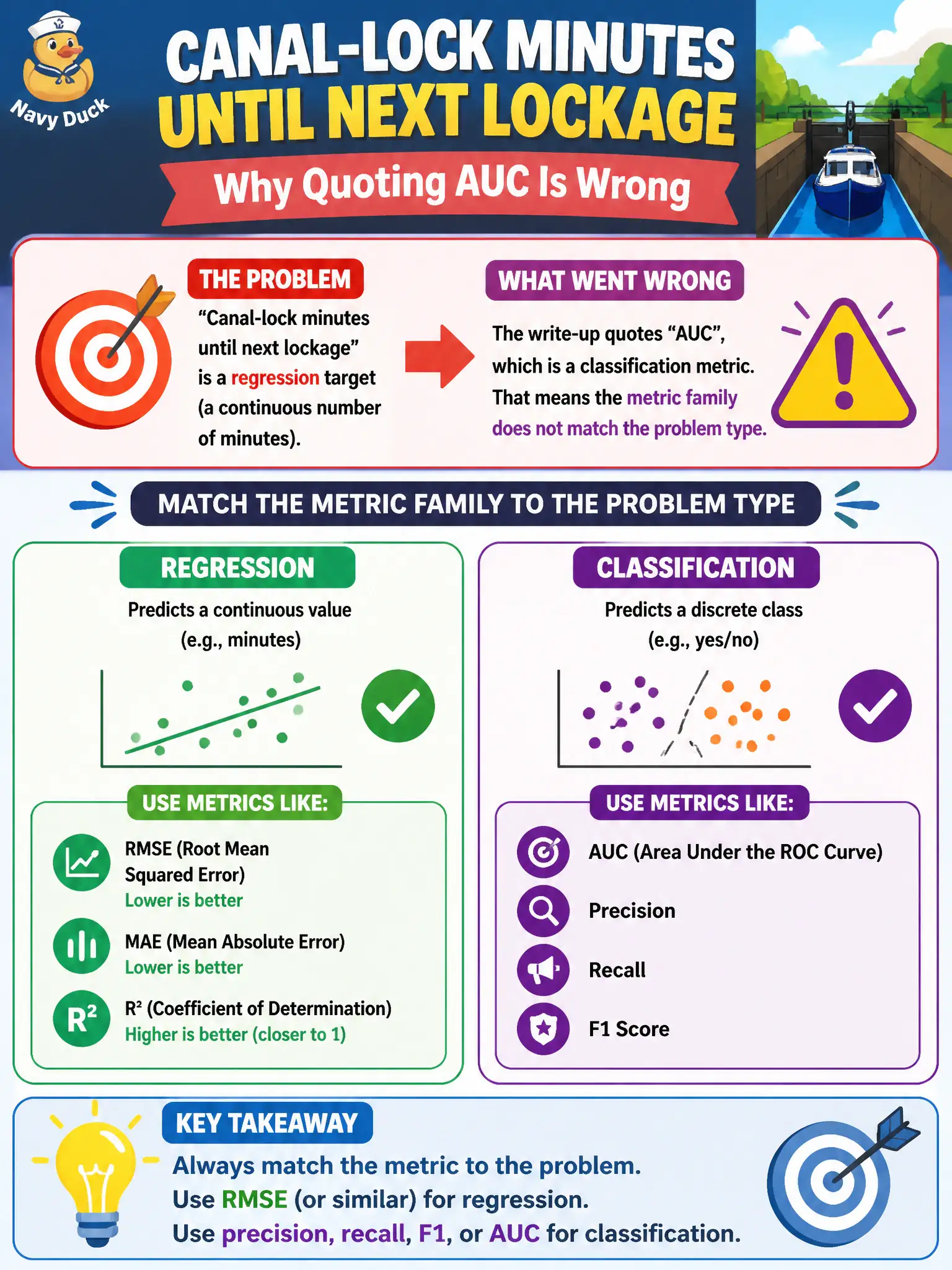 To Create an exciting colorful infographic that explains the concepts in the question: Question: Canal-lock minutes until next lockage is a regression target, but the write-up quotes AUC. What is wrong with that analysis? Correct Answer: The metric family does not match the problem type. Use RMSE or similar for regression; precision, recall, F1, or AUC for classification. Put EVERY visible label in double quotes. No people. No A/B/C/D letters. In one of the four corners put a little "Navy Duck".