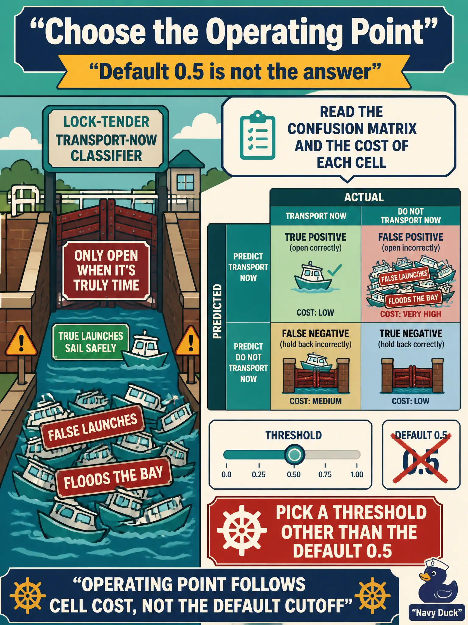 To Create an exciting colorful infographic that explains the concepts in the question: Question: A lock-tender transport-now classifier defaults to a 0.5 cutoff even though the confusion matrix shows that cutoff floods the bay with false launches. How should they choose the operating point? Correct Answer: Read the confusion matrix and the cost of each cell, then pick a threshold other than the default 0.5. Put EVERY visible label in double quotes. No people. No A/B/C/D letters. In one of the four corners put a little "Navy Duck".