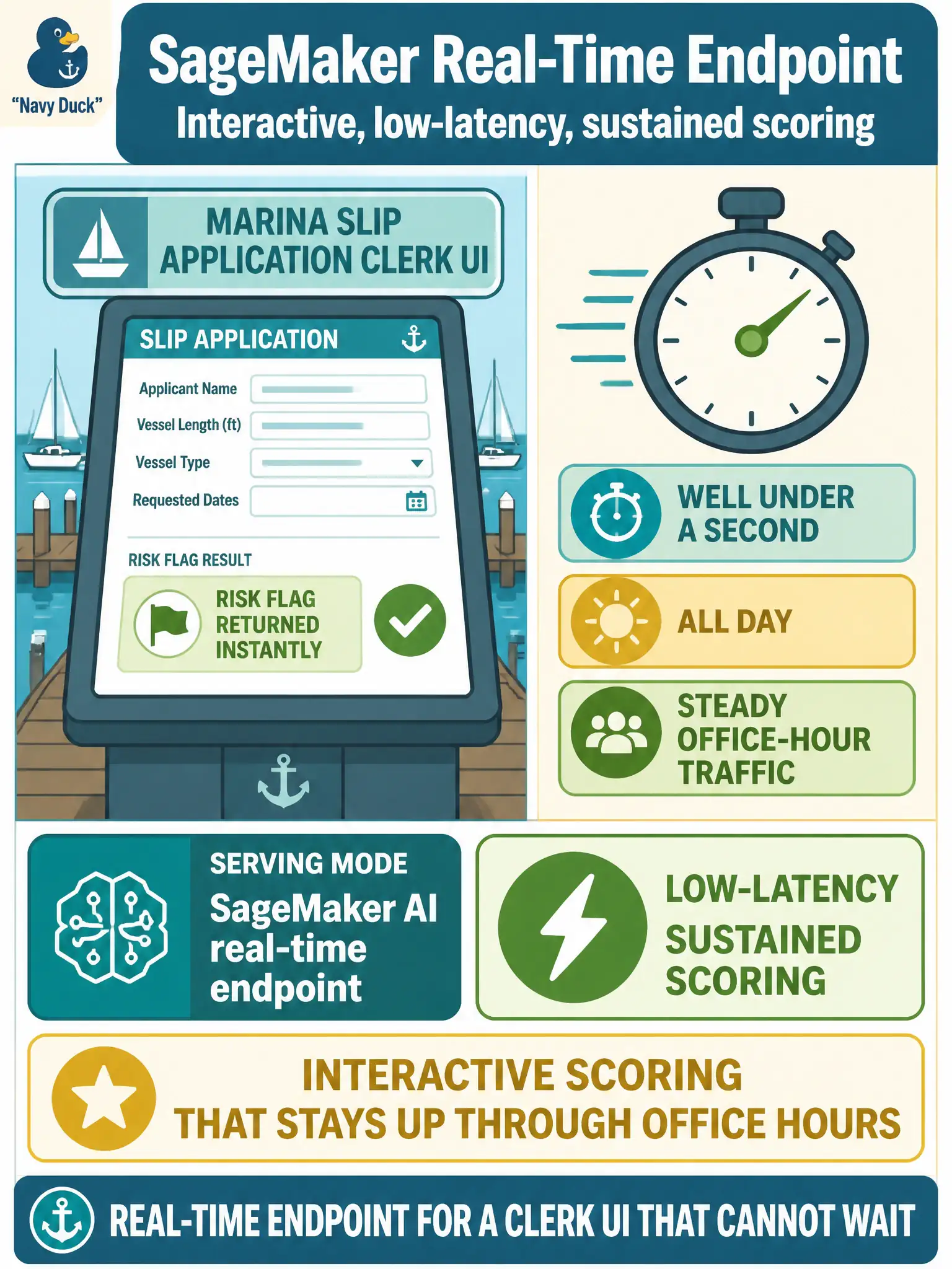To Create an exciting colorful infographic that explains the concepts in the question: Question: A marina slip-application clerk UI must return a risk flag in well under a second, all day, with steady office-hour traffic. Which SageMaker serving mode fits? Correct Answer: A SageMaker AI real-time endpoint, for interactive, low-latency, sustained scoring. Put EVERY visible label in double quotes. No people. No A/B/C/D letters. In one of the four corners put a little "Navy Duck".