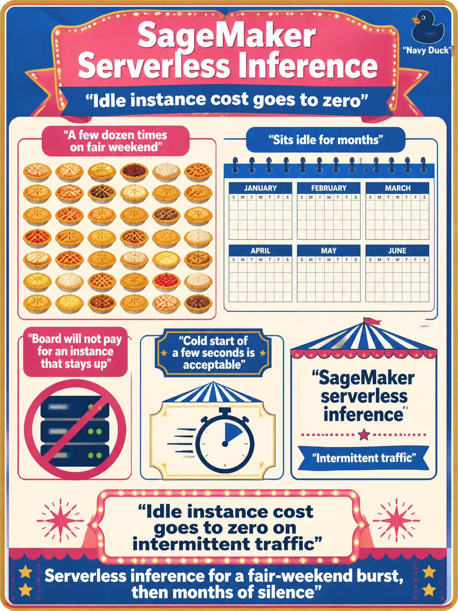 To Create an exciting colorful infographic that explains the concepts in the question: Question: A county-fair pie-score model is invoked a few dozen times on fair weekend and then sits idle for months. The board will not pay for an instance that stays up. A cold start of a few seconds is acceptable. Which serving mode fits? Correct Answer: SageMaker serverless inference, so idle instance cost goes to zero on intermittent traffic. Put EVERY visible label in double quotes. No people. No A/B/C/D letters. In one of the four corners put a little "Navy Duck".