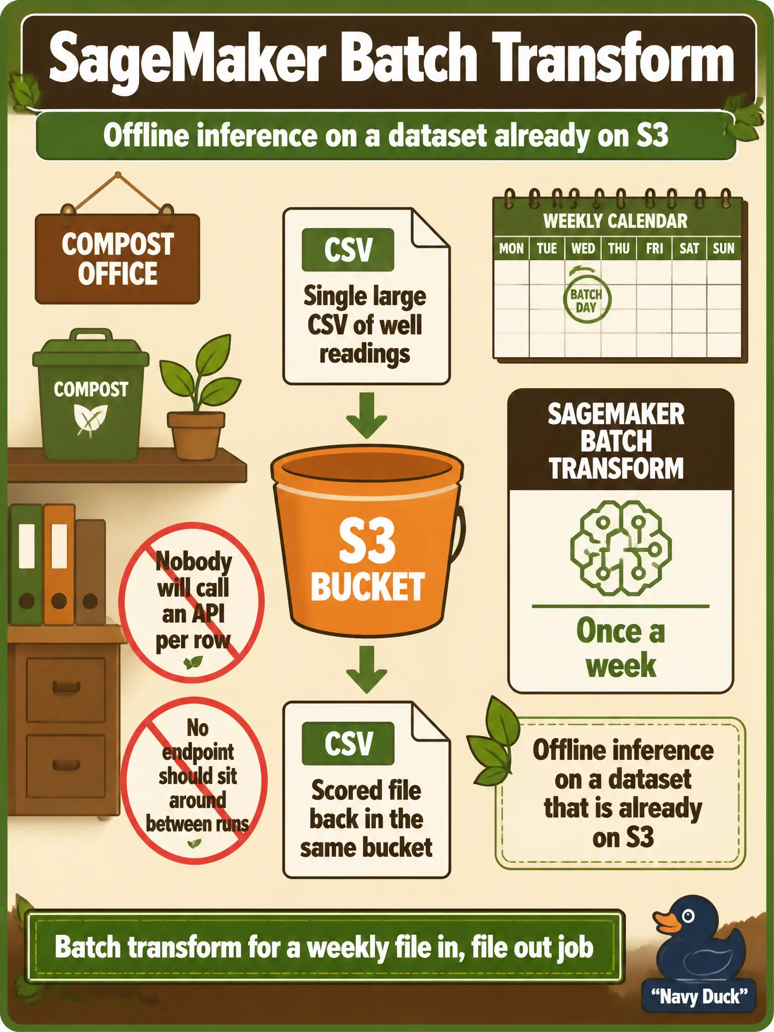To Create an exciting colorful infographic that explains the concepts in the question: Question: Once a week the compost office drops a single large CSV of well readings and wants a scored file back in the same bucket. Nobody will call an API per row, and no endpoint should sit around between runs. Which serving mode fits? Correct Answer: SageMaker batch transform, for offline inference on a dataset that is already on S3. Put EVERY visible label in double quotes. No people. No A/B/C/D letters. In one of the four corners put a little "Navy Duck".