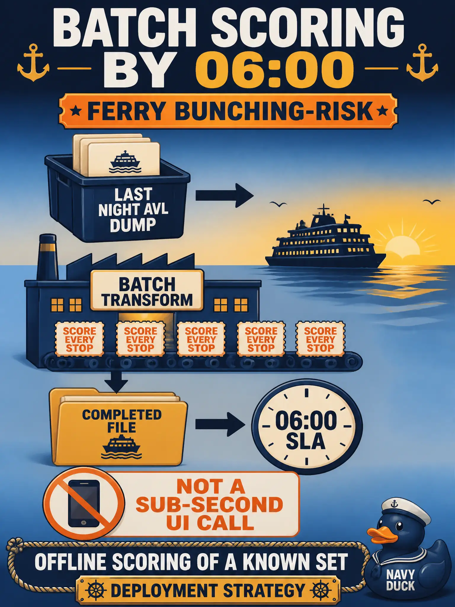 To Create an exciting colorful infographic that explains the concepts in the question: Question: Ferry planners need a bunching-risk score for every stop by 06:00 from last night's AVL dump. The SLA is a completed file, not a sub-second UI call. Which deployment strategy fits? Correct Answer: A batch (or scheduled transform) strategy, because the requirement is offline scoring of a known set. Put EVERY visible label in double quotes. No people. No A/B/C/D letters. In one of the four corners put a little "Navy Duck".
