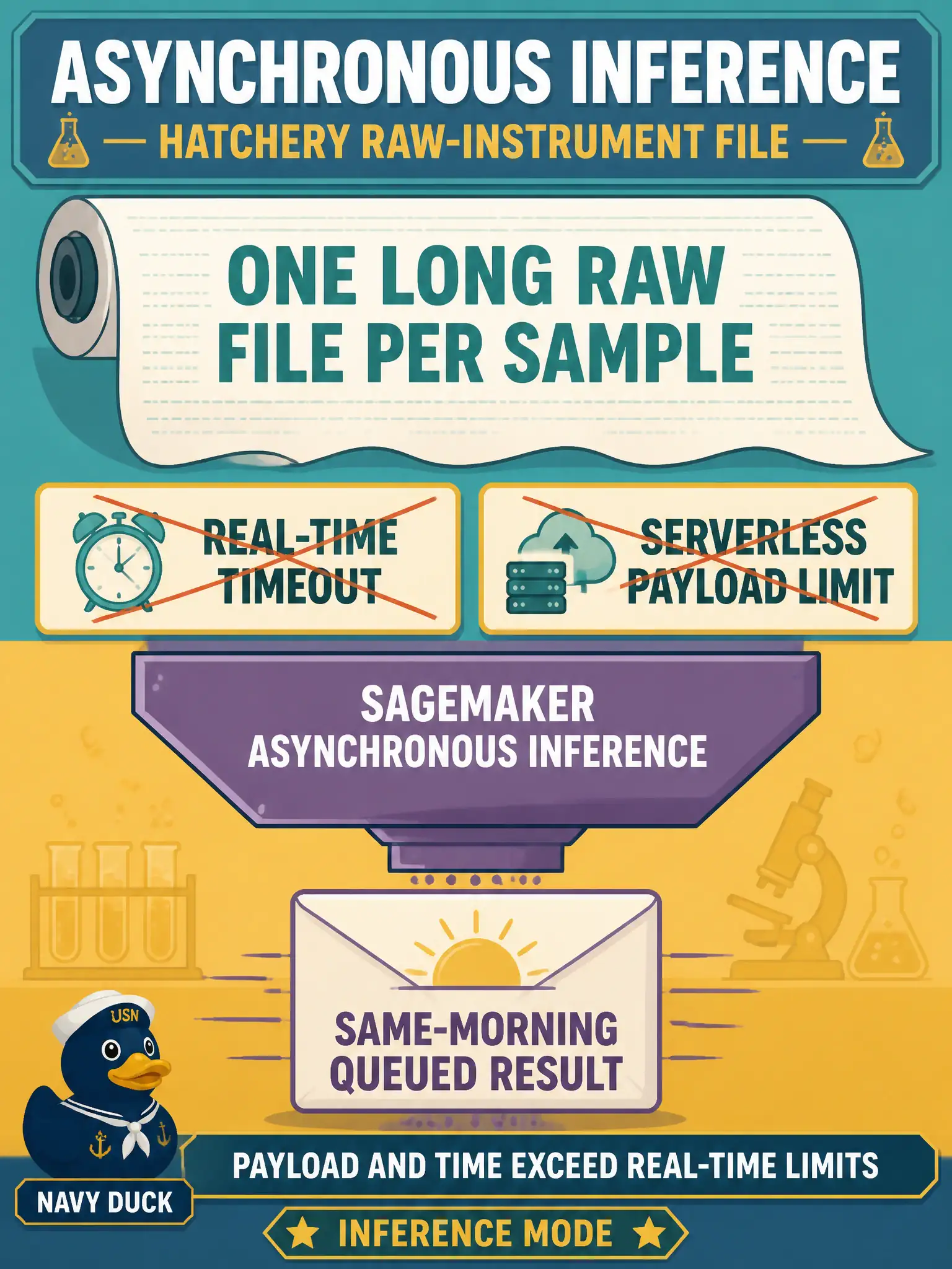 To Create an exciting colorful infographic that explains the concepts in the question: Question: A hatchery lab uploads one long raw-instrument file per sample. Scoring plus preprocessing overshoots the real-time timeout, and the file is too large for a serverless payload, but a same-morning queued result is fine. Which mode fits? Correct Answer: SageMaker asynchronous inference, because payload size and processing time exceed real-time and serverless limits. Put EVERY visible label in double quotes. No people. No A/B/C/D letters. In one of the four corners put a little "Navy Duck".
