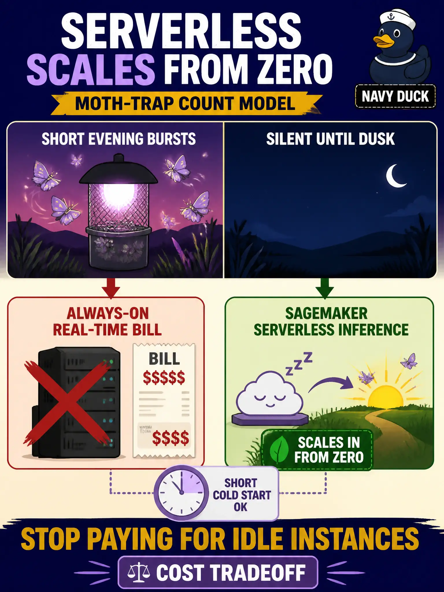 To Create an exciting colorful infographic that explains the concepts in the question: Question: A moth-trap count model is hit in short evening bursts, then silent until the next dusk. Finance flagged last month's always-on real-time bill. A short cold start is acceptable for the field app. Which tradeoff should they make? Correct Answer: Move to SageMaker serverless inference so the endpoint scales in from zero, instead of paying for idle real-time instances. Put EVERY visible label in double quotes. No people. No A/B/C/D letters. In one of the four corners put a little "Navy Duck".
