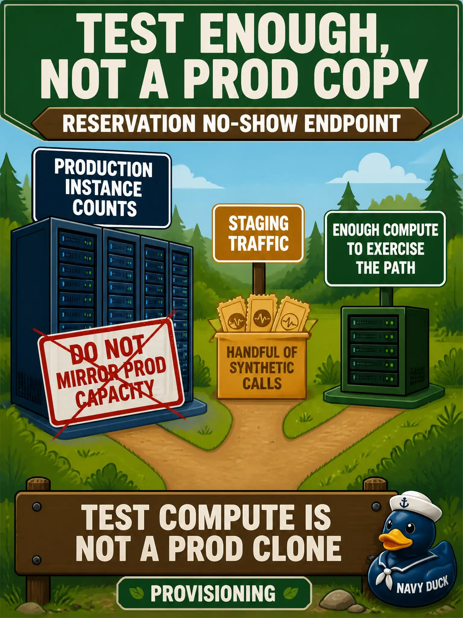 To Create an exciting colorful infographic that explains the concepts in the question: Question: Parks IT wants the staging reservation-no-show endpoint to mirror production instance counts so it feels real, even though staging traffic is a handful of synthetic calls a day. How should test compute be provisioned? Correct Answer: Give test enough compute to exercise the path, not a copy of production capacity. Put EVERY visible label in double quotes. No people. No A/B/C/D letters. In one of the four corners put a little "Navy Duck".