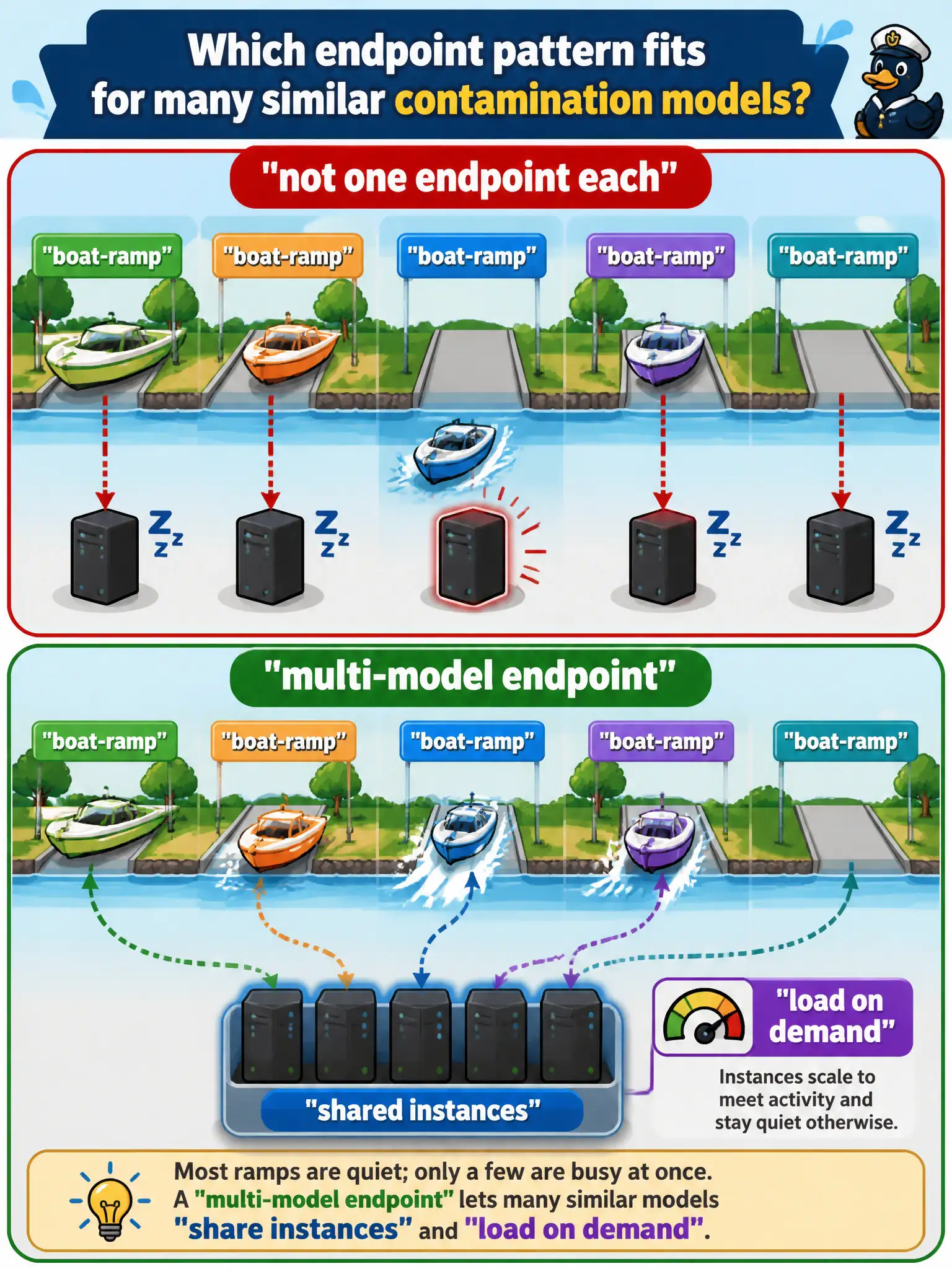 To Create an exciting colorful infographic that explains the concepts in the question: Question: Each county boat-ramp has its own contamination model with the same framework and roughly the same size. Most ramps are quiet; only a few are busy at once. One endpoint per ramp would waste hosts. Which endpoint pattern fits? Correct Answer: A SageMaker multi-model endpoint, so many similar models share instances and load on demand. Put EVERY visible label in double quotes. No people. No A/B/C/D letters. In one of the four corners put a little "Navy Duck".