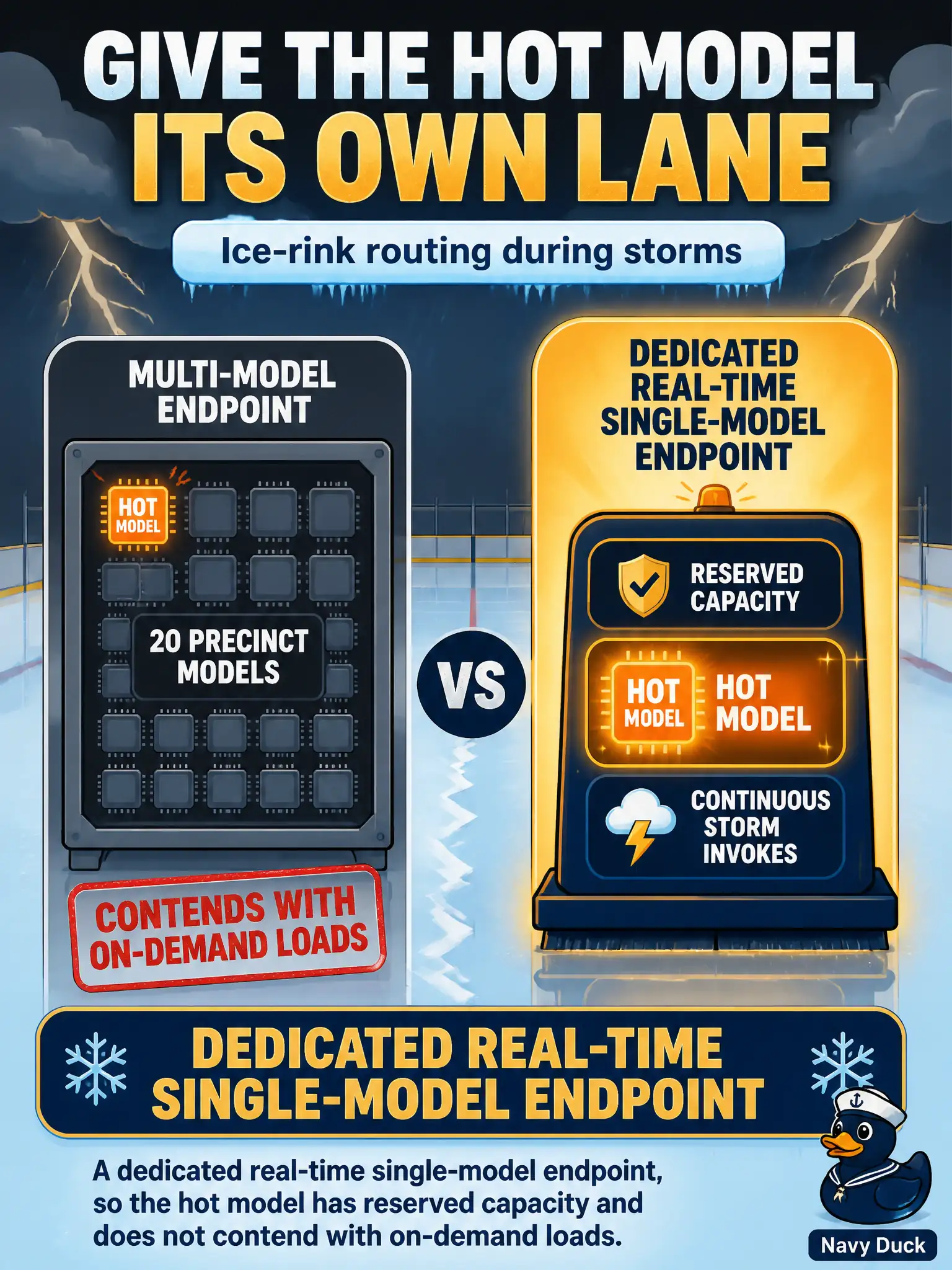 To Create an exciting colorful infographic that explains the concepts in the question: Question: The ice-rink routing model is invoked continuously during storms. A teammate proposes stuffing it onto the existing multi-model endpoint beside twenty rarely used precinct models. What should they use instead? Correct Answer: A dedicated real-time single-model endpoint, so the hot model has reserved capacity and does not contend with on-demand loads. Put EVERY visible label in double quotes. No people. No A/B/C/D letters. In one of the four corners put a little "Navy Duck".