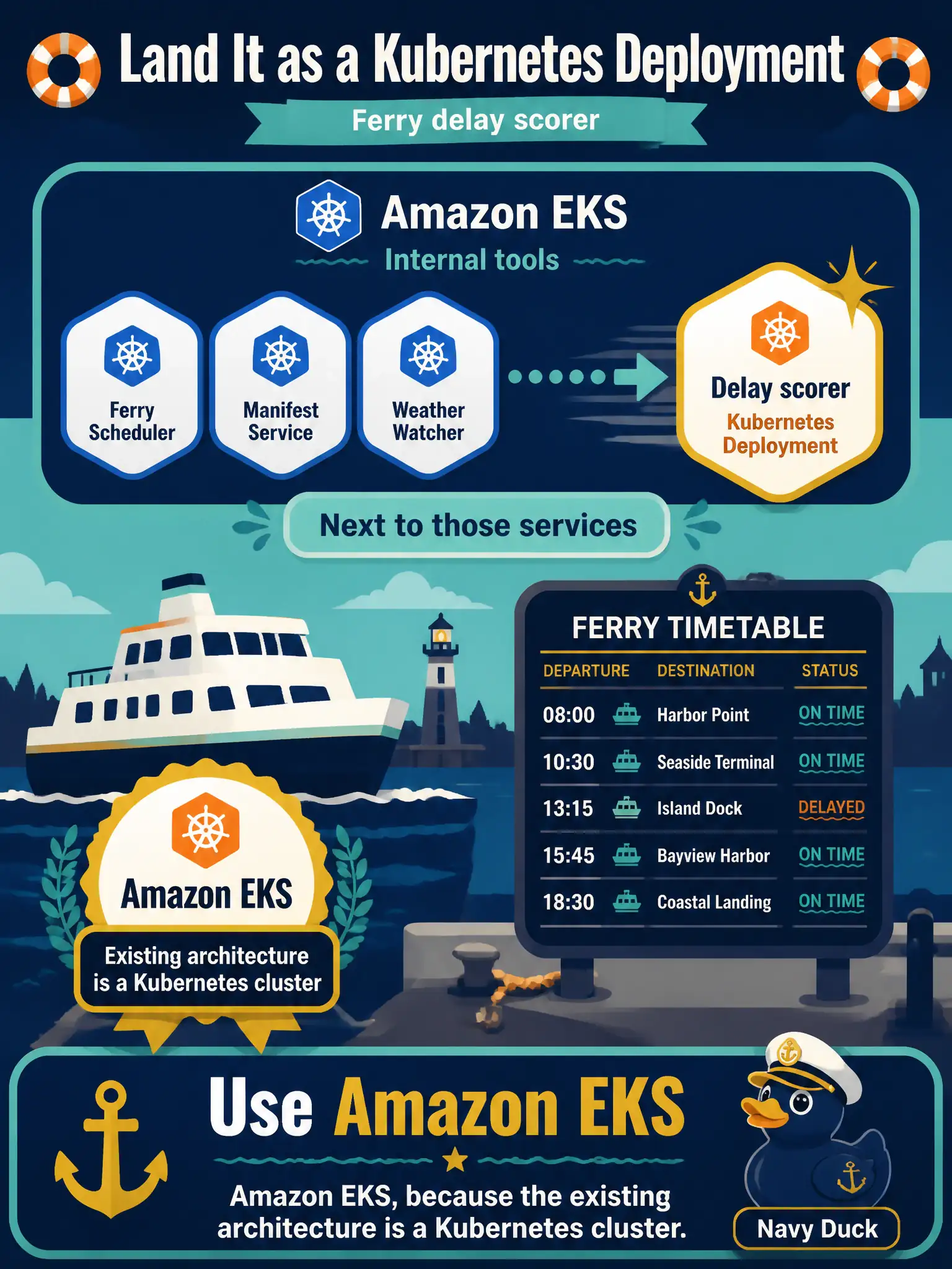 To Create an exciting colorful infographic that explains the concepts in the question: Question: The ferry operations team already runs Amazon EKS for internal tools and requires the new delay scorer to land as a Kubernetes Deployment next to those services. Which target fits? Correct Answer: Amazon EKS, because the existing architecture is a Kubernetes cluster. Put EVERY visible label in double quotes. No people. No A/B/C/D letters. In one of the four corners put a little "Navy Duck".