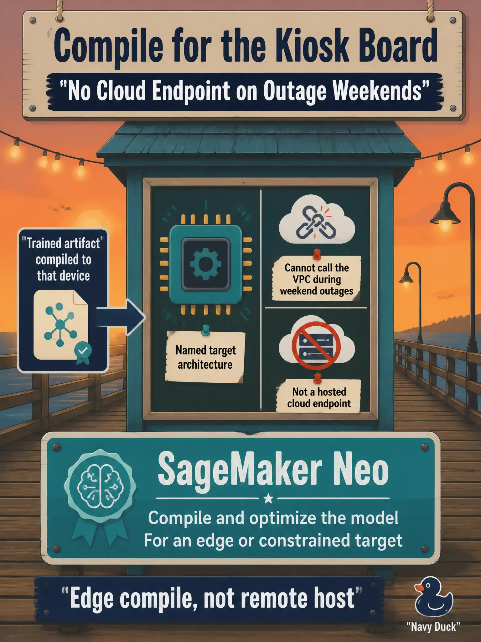 To Create an exciting colorful infographic that explains the concepts in the question: Question: Pier kiosks run a small local board with a named target architecture and cannot call the VPC during weekend outages. The trained artifact must be compiled to that device, not hosted as a cloud endpoint the kiosk cannot reach. Which capability fits? Correct Answer: SageMaker Neo, to compile and optimize the model for an edge or constrained target. Put EVERY visible label in double quotes. No people. No A/B/C/D letters. In one of the four corners put a little "Navy Duck".