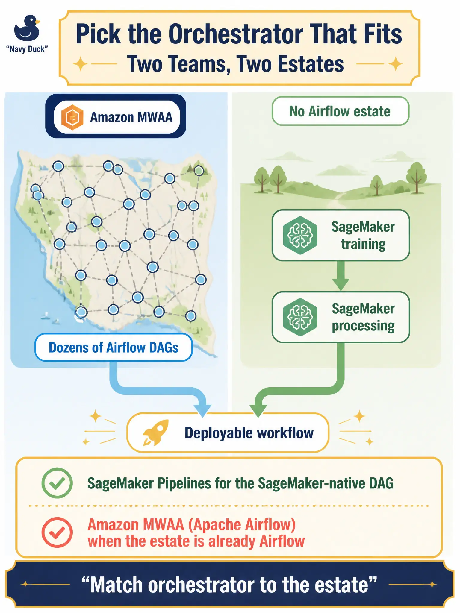 To Create an exciting colorful infographic that explains the concepts in the question: Question: One county team already runs dozens of Airflow DAGs on Amazon MWAA. A greenfield team has only SageMaker training and processing steps and no Airflow estate. Both need an orchestrator for the deployable workflow. How should each team choose? Correct Answer: SageMaker Pipelines for the SageMaker-native DAG. Amazon MWAA (Apache Airflow) when the estate is already Airflow. Put EVERY visible label in double quotes. No people. No A/B/C/D letters. In one of the four corners put a little "Navy Duck".
