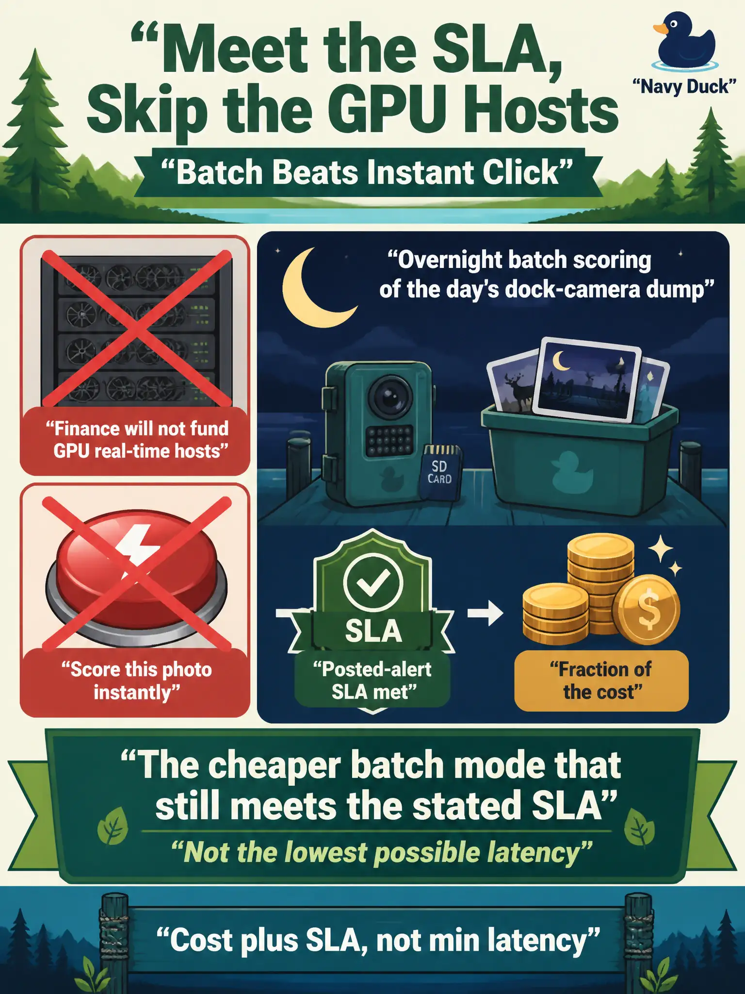 To Create an exciting colorful infographic that explains the concepts in the question: Question: Finance will not fund GPU real-time hosts so rangers can click score this photo instantly. Overnight batch scoring of the day's dock-camera dump meets the posted-alert SLA at a fraction of the cost. Which serving choice fits? Correct Answer: The cheaper batch mode that still meets the stated SLA, not the lowest possible latency. Put EVERY visible label in double quotes. No people. No A/B/C/D letters. In one of the four corners put a little "Navy Duck".