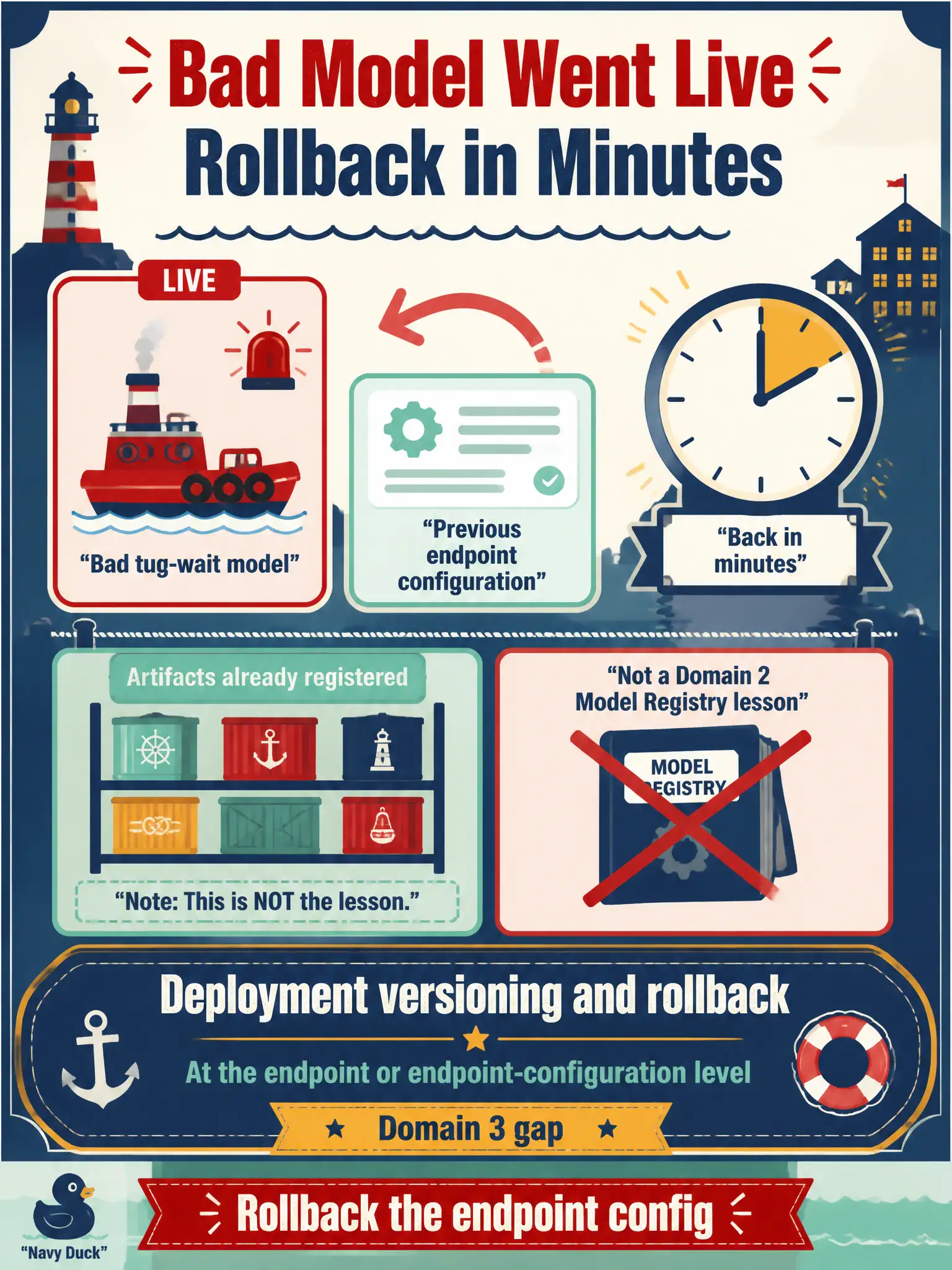 To Create an exciting colorful infographic that explains the concepts in the question: Question: After a bad tug-wait model went live, ops needs to put the previous endpoint configuration back in minutes. The artifacts are already registered. What is the Domain 3 gap? Correct Answer: Deployment versioning and rollback at the endpoint or endpoint-configuration level, not a Domain 2 Model Registry lesson. Put EVERY visible label in double quotes. No people. No A/B/C/D letters. In one of the four corners put a little "Navy Duck".