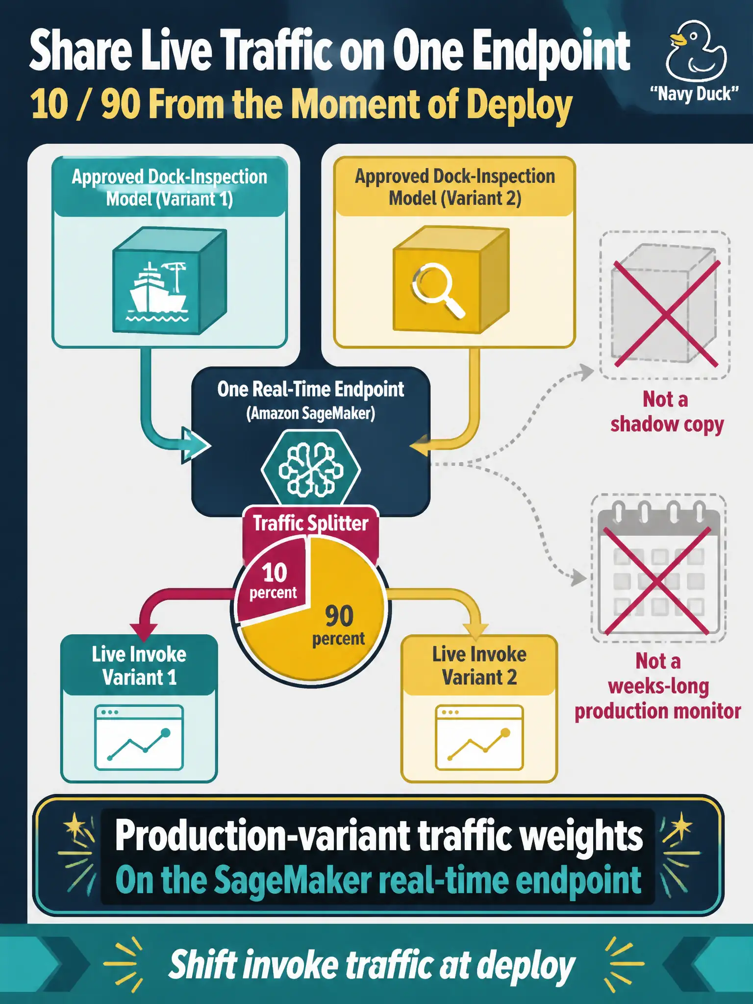 To Create an exciting colorful infographic that explains the concepts in the question: Question: Two approved dock-inspection models must share live traffic on one real-time endpoint from the moment of deploy (10 / 90 split). Ops is shifting invoke traffic, not reading a shadow copy and not running a weeks-long production A/B monitor. What should they configure? Correct Answer: Production-variant traffic weights on the SageMaker real-time endpoint. Put EVERY visible label in double quotes. No people. No A/B/C/D letters. In one of the four corners put a little "Navy Duck".