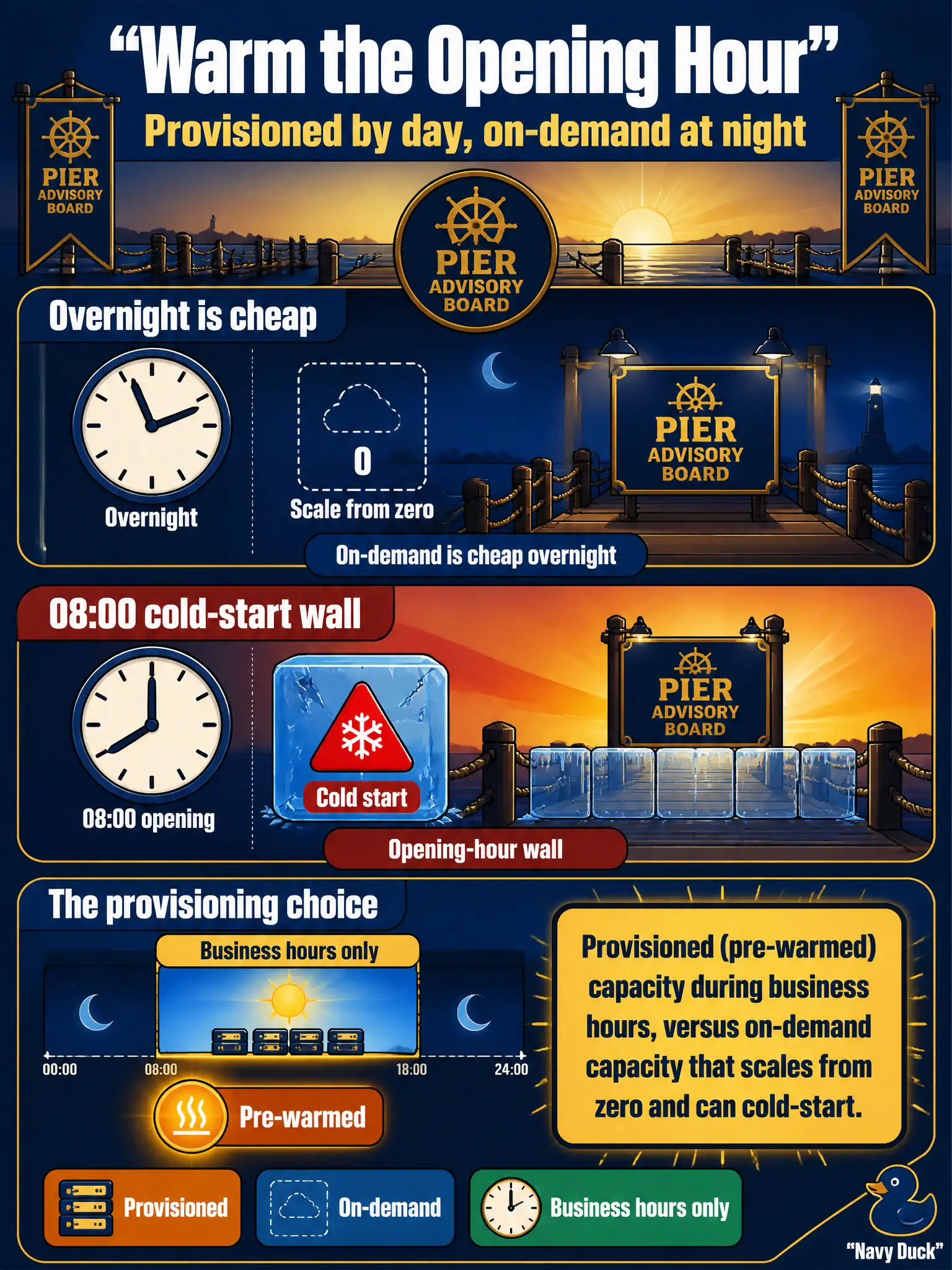 To Create an exciting colorful infographic that explains the concepts in the question: Question: The pier-advisory serverless endpoint is cheap overnight but clerks hit a cold-start wall at 08:00 opening. Leadership will pay for a small reserved slice during business hours only. Which provisioning choice is that? Correct Answer: Provisioned (pre-warmed) capacity during business hours, versus on-demand capacity that scales from zero and can cold-start. Put EVERY visible label in double quotes. No people. No A/B/C/D letters. In one of the four corners put a little "Navy Duck".