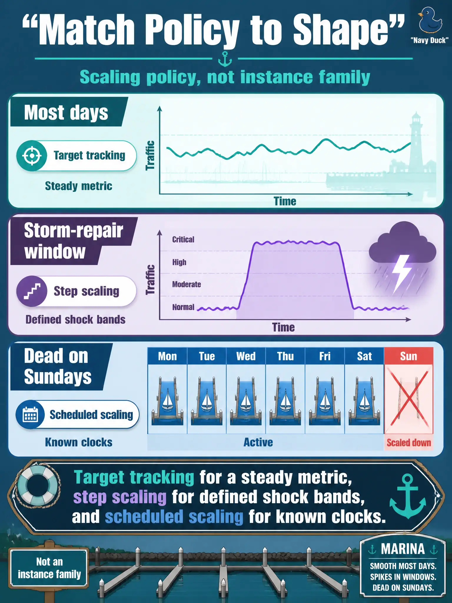 To Create an exciting colorful infographic that explains the concepts in the question: Question: Marina-permit traffic is smooth most days, spikes when a storm-repair window opens, and is predictably dead on Sundays. The team must pick a scaling-policy shape, not an instance family. Which policies match those shapes? Correct Answer: Target tracking for a steady metric, step scaling for defined shock bands, and scheduled scaling for known clocks. Put EVERY visible label in double quotes. No people. No A/B/C/D letters. In one of the four corners put a little "Navy Duck".