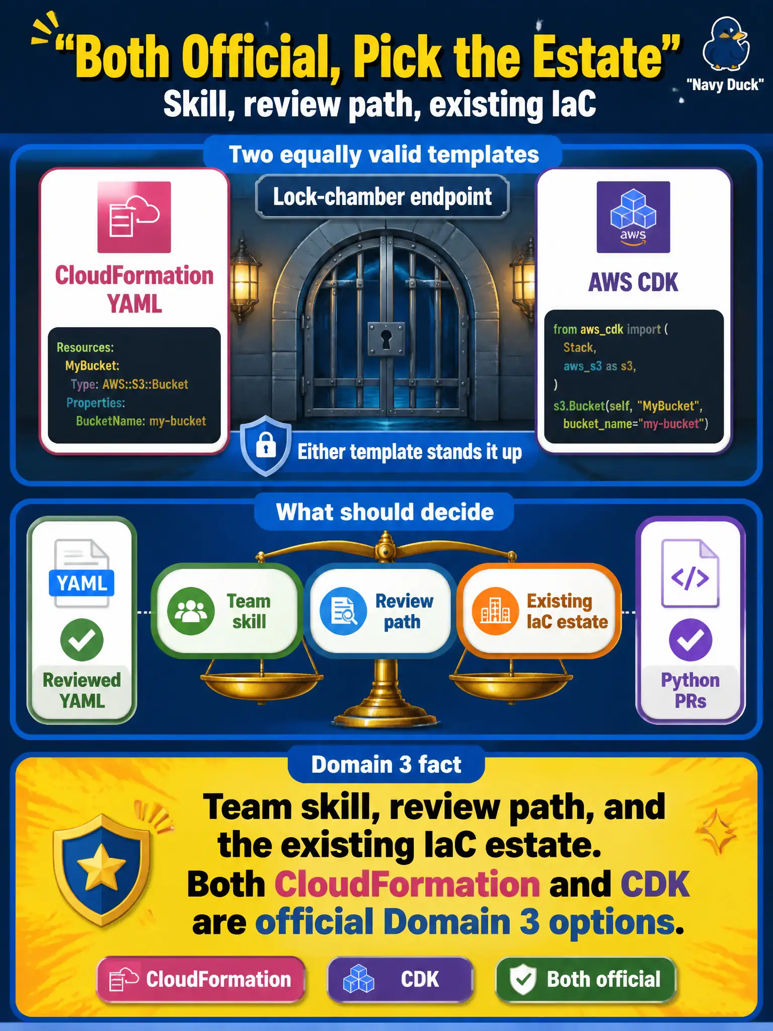 To Create an exciting colorful infographic that explains the concepts in the question: Question: Two equally valid templates would stand up the lock-chamber endpoint. One group lives in reviewed CloudFormation YAML; the other wants CDK because they already review Python PRs. What should decide the IaC choice? Correct Answer: Team skill, review path, and the existing IaC estate. Both CloudFormation and CDK are official Domain 3 options. Put EVERY visible label in double quotes. No people. No A/B/C/D letters. In one of the four corners put a little "Navy Duck".