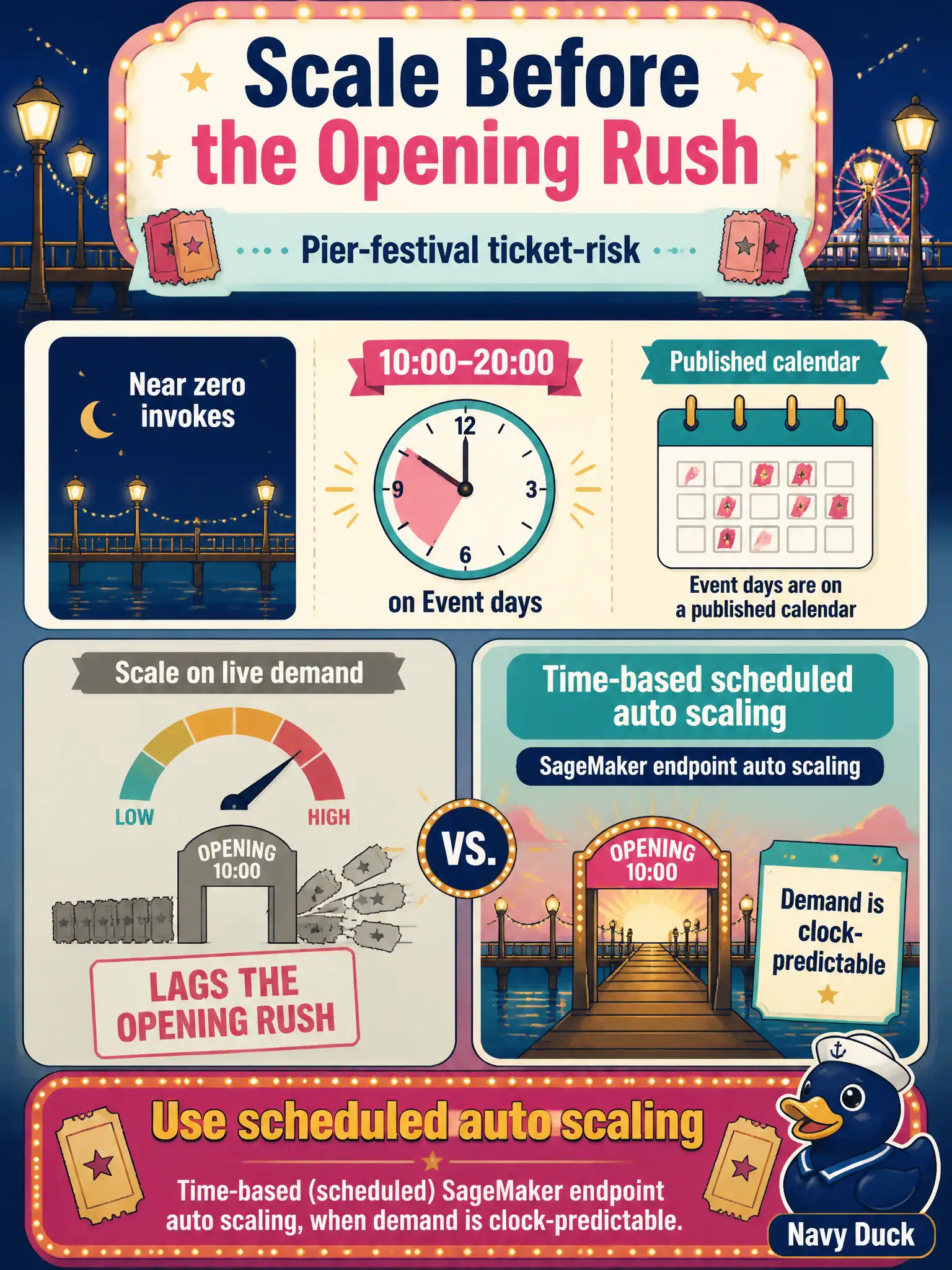 To Create an exciting colorful infographic that explains the concepts in the question: Question: Pier-festival ticket-risk invokes are near zero except 10:00–20:00 on event days, which are on a published calendar. Scaling only on live demand always lags the opening rush. Which auto scaling approach fits? Correct Answer: Time-based (scheduled) SageMaker endpoint auto scaling, when demand is clock-predictable. Put EVERY visible label in double quotes. No people. No A/B/C/D letters. In one of the four corners put a little "Navy Duck".