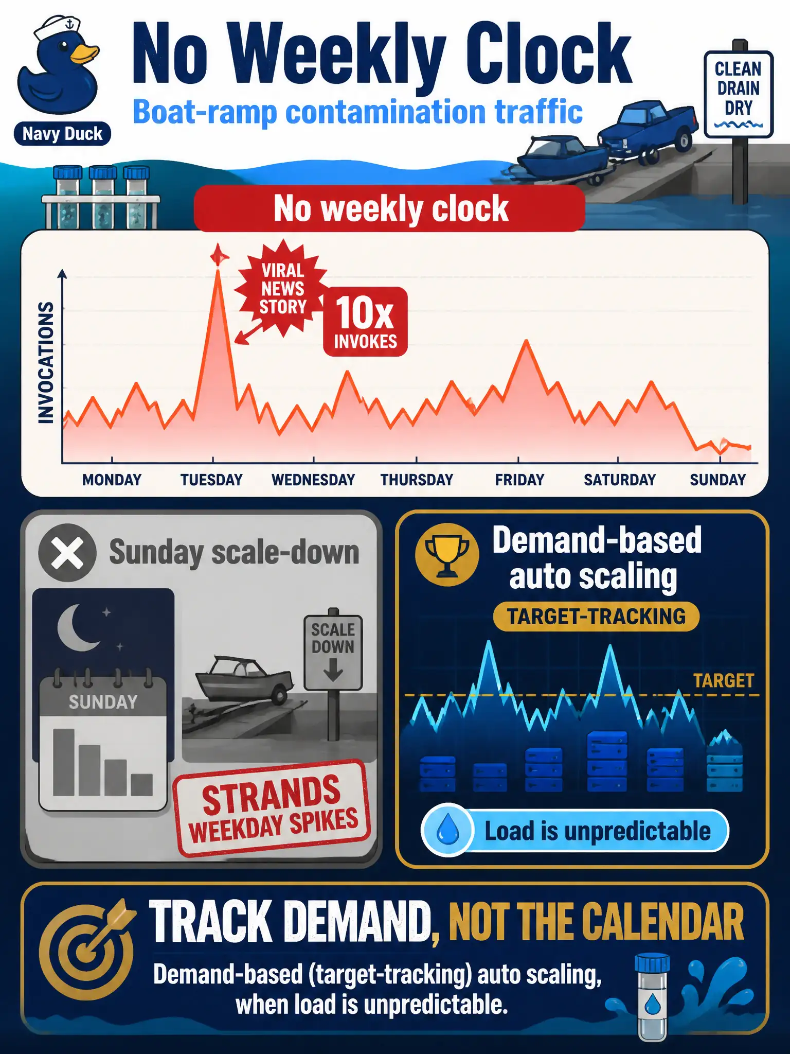 To Create an exciting colorful infographic that explains the concepts in the question: Question: Boat-ramp contamination traffic follows no weekly clock. A viral news story can 10x invokes on a Tuesday. A Sunday scale-down schedule would strand weekday spikes. Which auto scaling approach fits? Correct Answer: Demand-based (target-tracking) auto scaling, when load is unpredictable. Put EVERY visible label in double quotes. No people. No A/B/C/D letters. In one of the four corners put a little "Navy Duck".