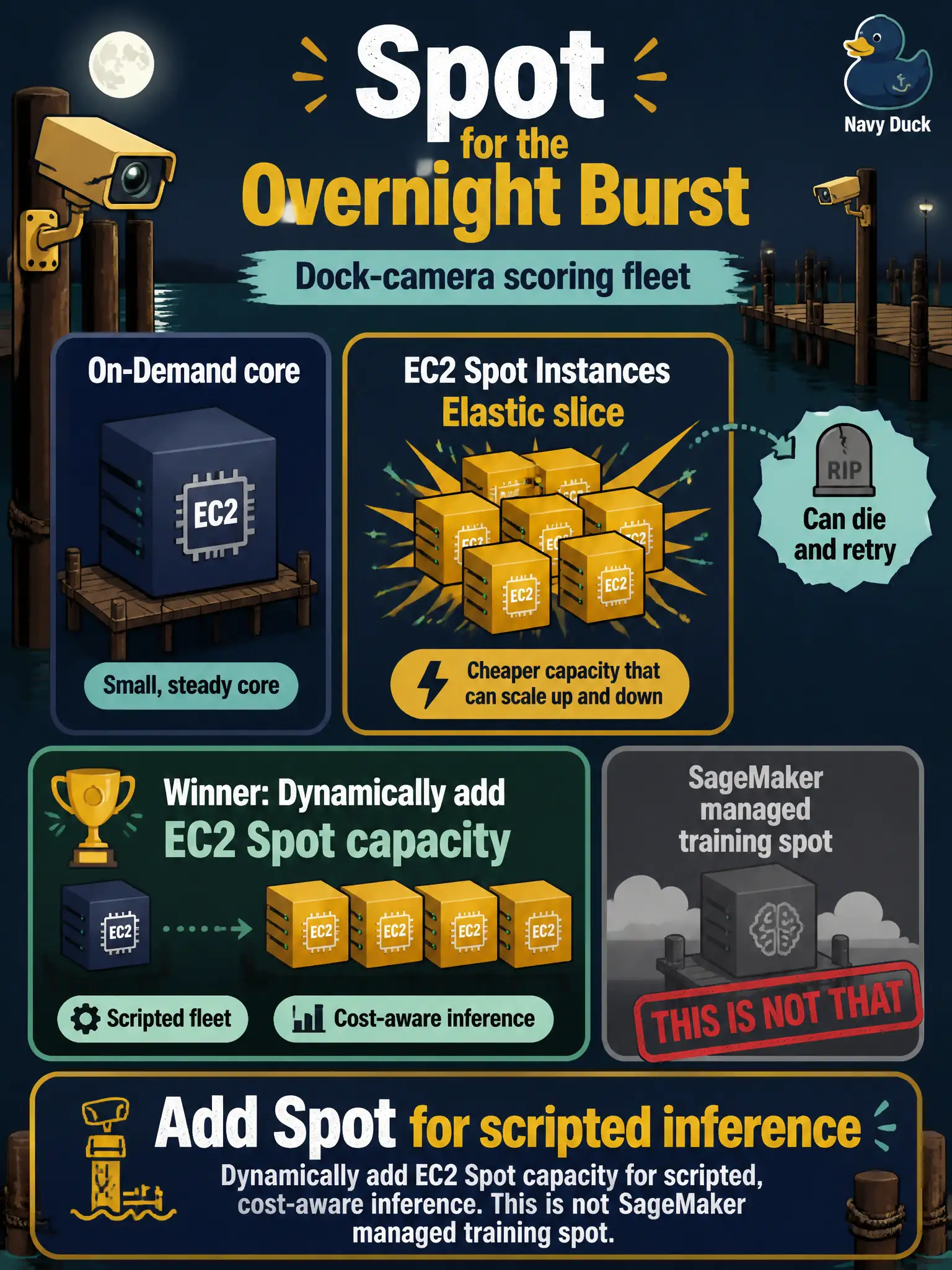 To Create an exciting colorful infographic that explains the concepts in the question: Question: A burst of overnight batch-style EC2 scoring for dock-camera dumps can die and retry. The scripted fleet should add Amazon EC2 Spot Instances for that elastic slice and keep a small On-Demand core. Which capacity move is that? Correct Answer: Dynamically add EC2 Spot capacity for scripted, cost-aware inference. This is not SageMaker managed training spot. Put EVERY visible label in double quotes. No people. No A/B/C/D letters. In one of the four corners put a little "Navy Duck".