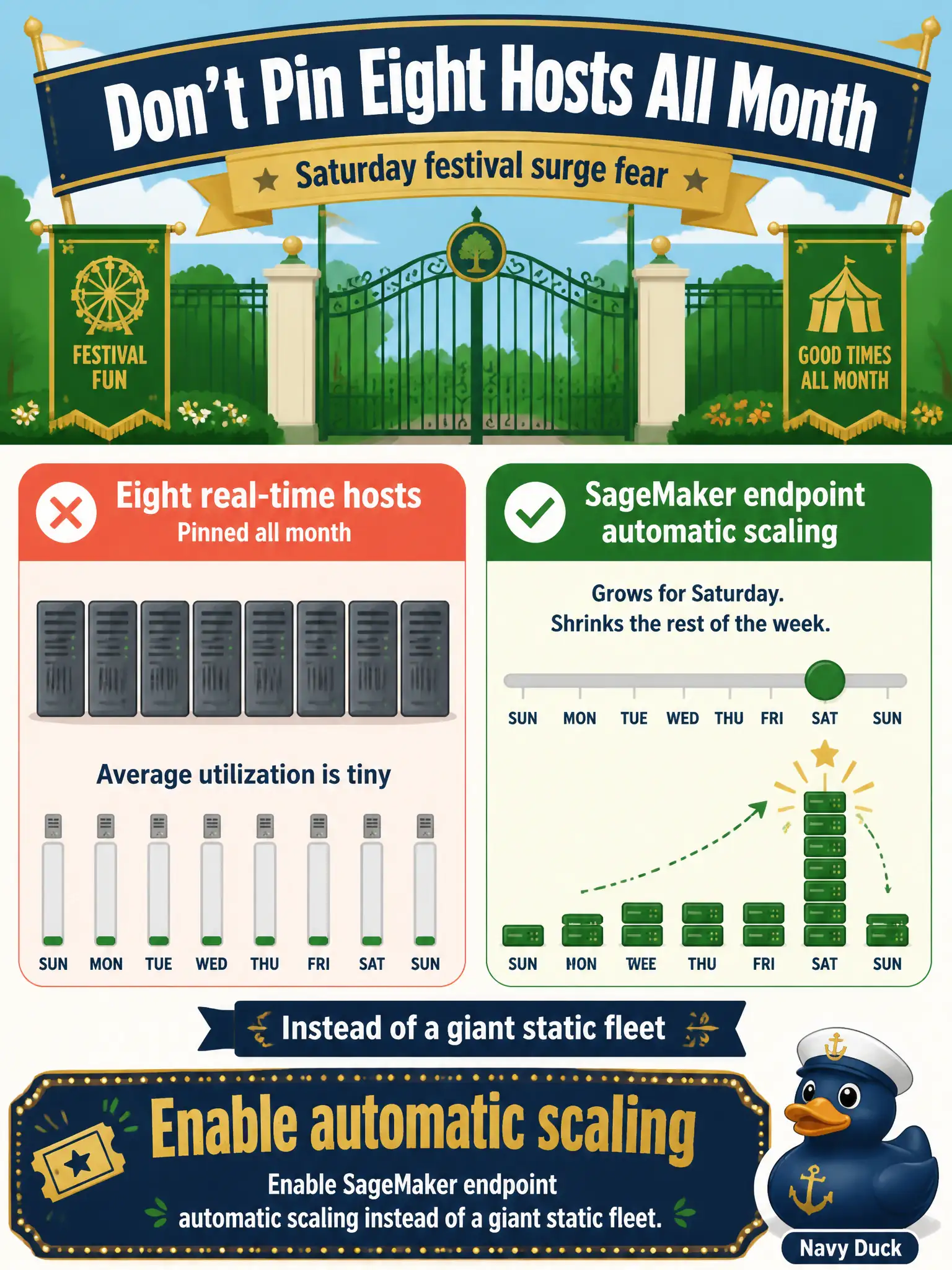 To Create an exciting colorful infographic that explains the concepts in the question: Question: Fear of a Saturday festival surge led parks to pin eight real-time hosts all month. Average utilization is tiny. What is the maintainable fix? Correct Answer: Enable SageMaker endpoint automatic scaling instead of a giant static fleet. Put EVERY visible label in double quotes. No people. No A/B/C/D letters. In one of the four corners put a little "Navy Duck".