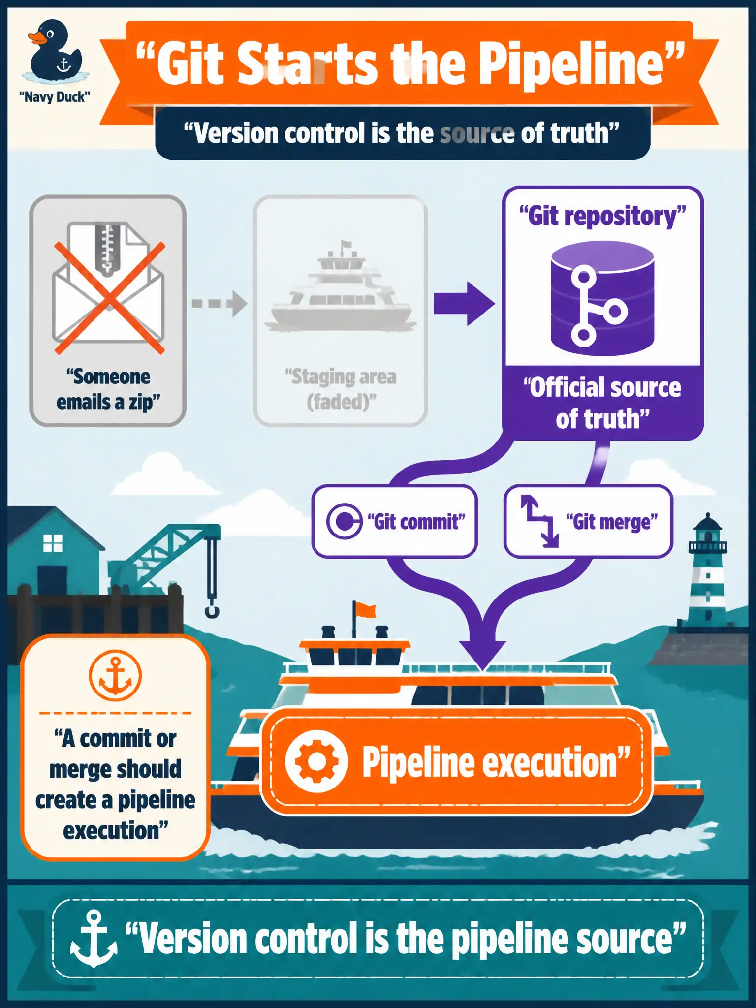 To Create an exciting colorful infographic that explains the concepts in the question: Question: Ferry models go to staging when someone emails a zip. The official source of truth should be a Git repository, and a commit or merge should create a pipeline execution. What should start the pipeline? Correct Answer: A Git commit or merge in the connected repository, so version control is the pipeline source. Put EVERY visible label in double quotes. No people. No A/B/C/D letters. In one of the four corners put a little "Navy Duck".