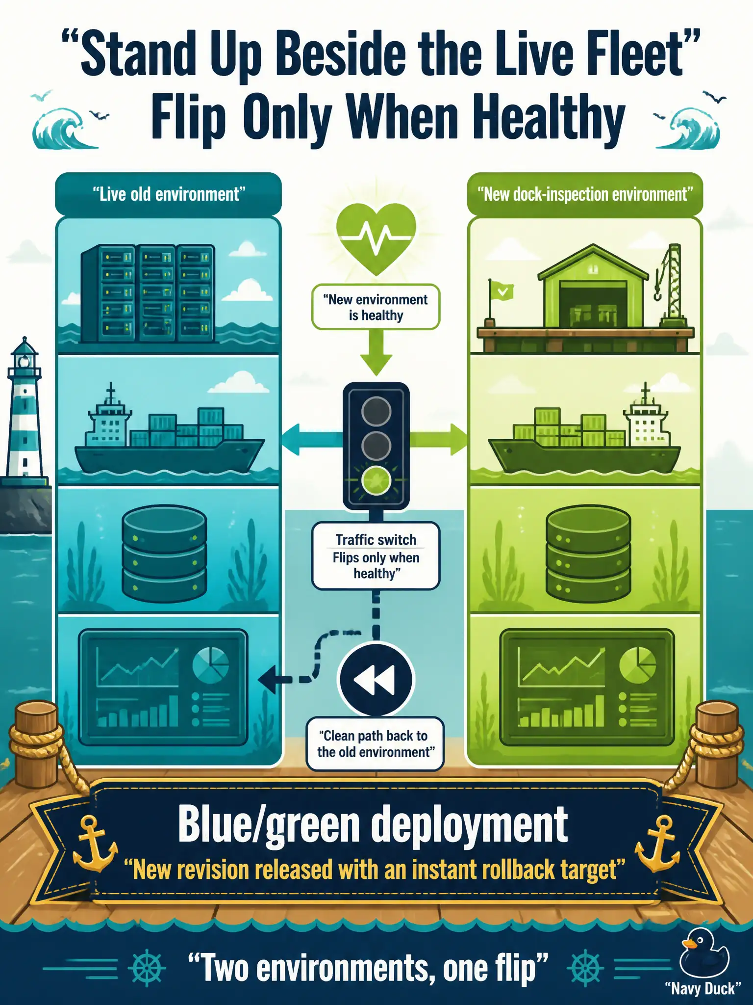 To Create an exciting colorful infographic that explains the concepts in the question: Question: The next dock-inspection model must stand up beside the live fleet and flip traffic only when the new environment is healthy, with a clean path back to the old environment. Which release strategy fits? Correct Answer: Blue/green deployment, so the new revision is released with an instant rollback target. Put EVERY visible label in double quotes. No people. No A/B/C/D letters. In one of the four corners put a little "Navy Duck".