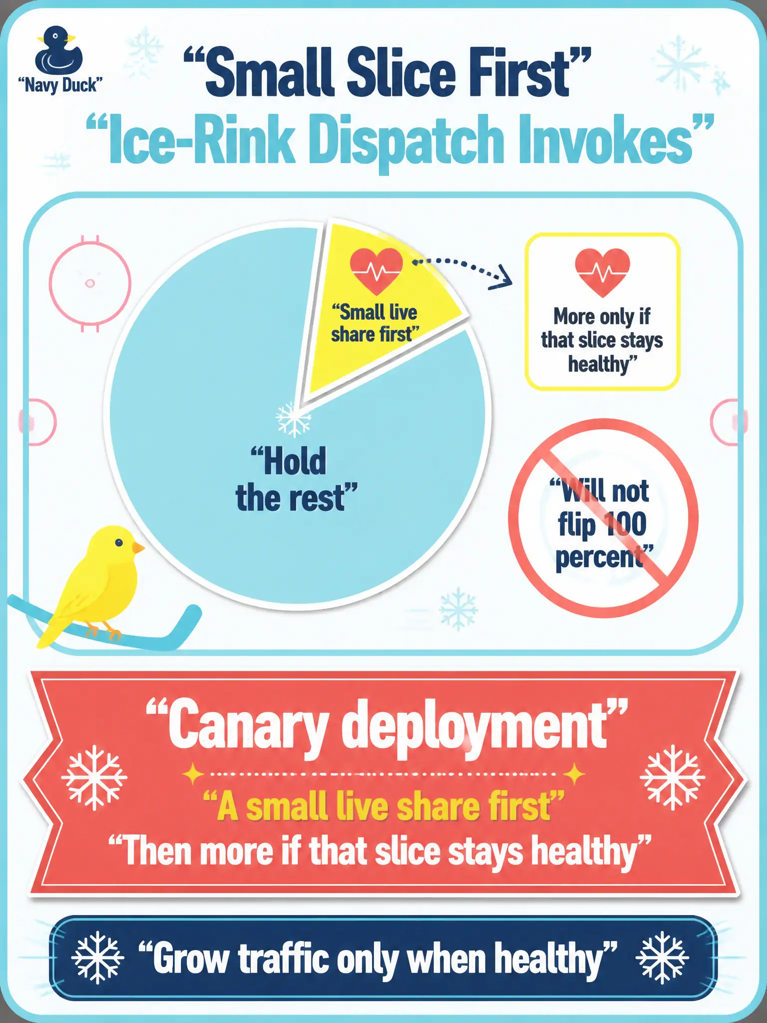 To Create an exciting colorful infographic that explains the concepts in the question: Question: Ops will not flip 100 percent of ice-rink dispatch invokes to a new revision. They want a small slice of live traffic first, then more only if that slice stays healthy. Which strategy fits? Correct Answer: A canary deployment: a small live share first, then more if that slice stays healthy. Put EVERY visible label in double quotes. No people. No A/B/C/D letters. In one of the four corners put a little "Navy Duck".
