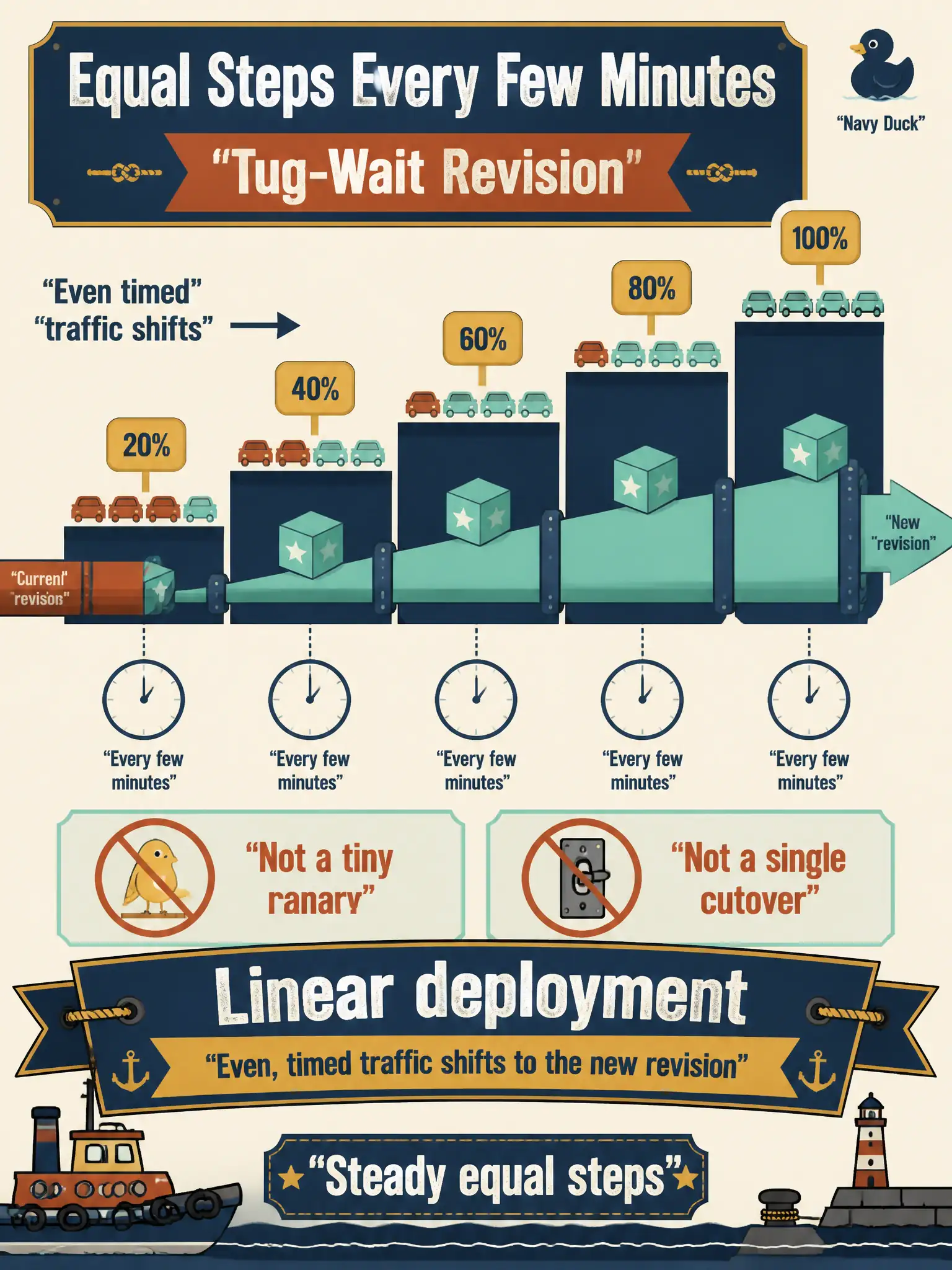 To Create an exciting colorful infographic that explains the concepts in the question: Question: Leadership wants production traffic moved to the new tug-wait revision in equal steps every few minutes, not a tiny canary and not a single cutover. Which strategy fits? Correct Answer: A linear deployment: even, timed traffic shifts to the new revision. Put EVERY visible label in double quotes. No people. No A/B/C/D letters. In one of the four corners put a little "Navy Duck".