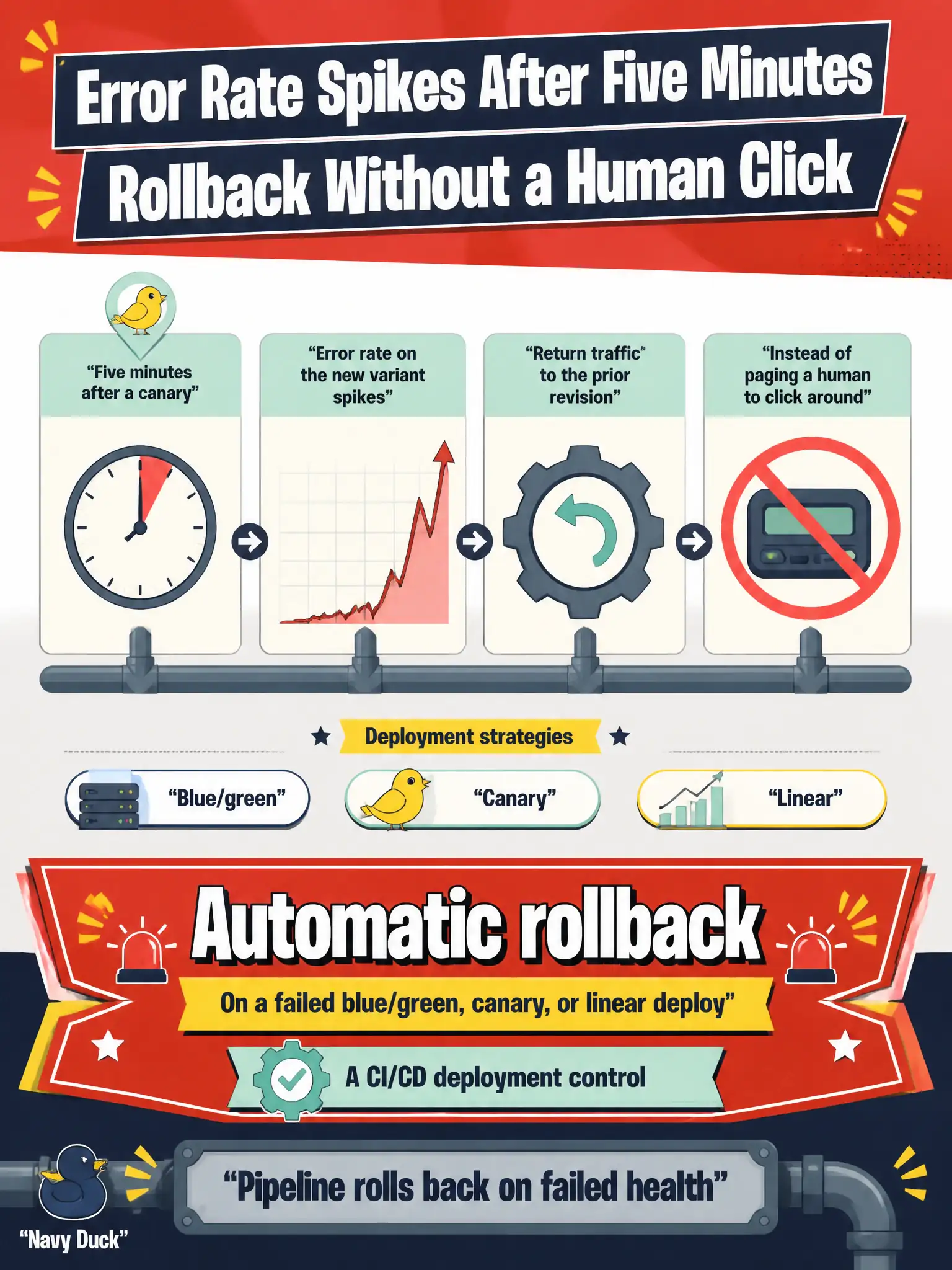 To Create an exciting colorful infographic that explains the concepts in the question: Question: Five minutes after a canary, error rate on the new variant spikes. The pipeline must automatically return traffic to the prior revision instead of paging a human to click around. What should they configure? Correct Answer: Automatic rollback on a failed blue/green, canary, or linear deploy, as a CI/CD deployment control. Put EVERY visible label in double quotes. No people. No A/B/C/D letters. In one of the four corners put a little "Navy Duck".