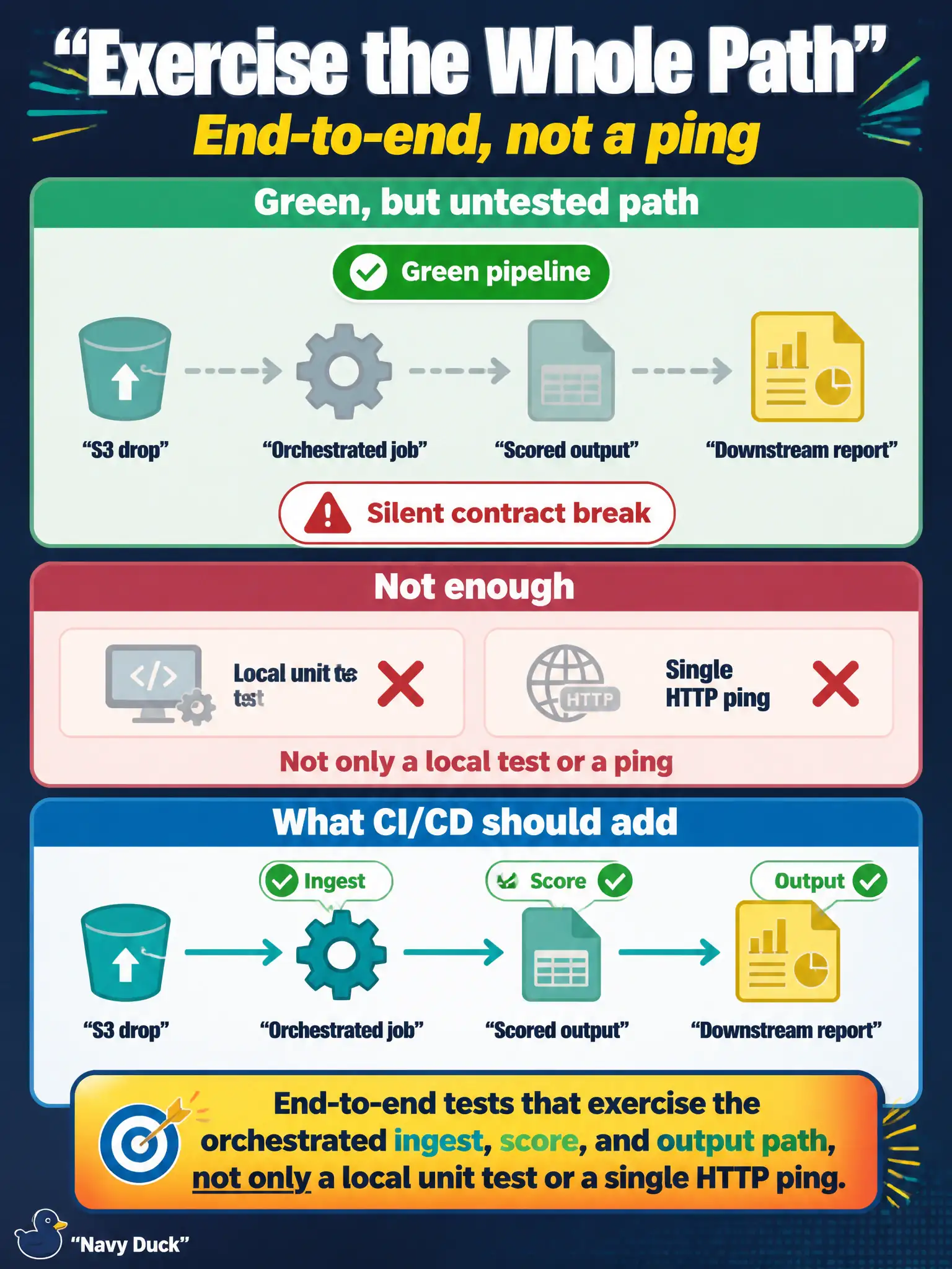 To Create an exciting colorful infographic that explains the concepts in the question: Question: A green pipeline never exercised the path from the S3 drop through the orchestrated job to a scored output the downstream report reads. A silent contract break shipped last month. What should CI/CD add? Correct Answer: End-to-end tests that exercise the orchestrated ingest, score, and output path, not only a local unit test or a single HTTP ping. Put EVERY visible label in double quotes. No people. No A/B/C/D letters. In one of the four corners put a little "Navy Duck".