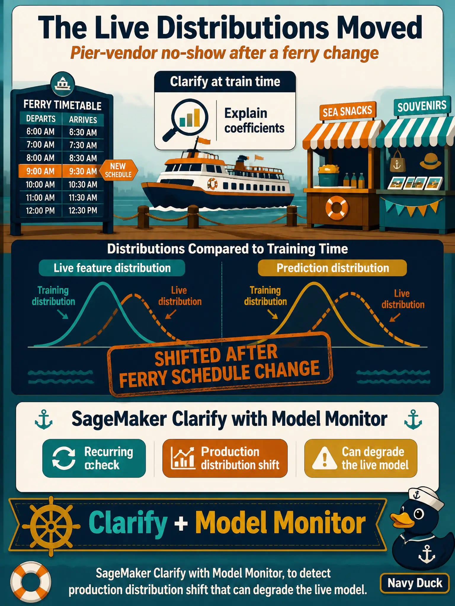 To Create an exciting colorful infographic that explains the concepts in the question: Question: Pier-vendor no-show features have shifted after a ferry schedule change. The team already used Clarify at train time to explain coefficients. They now need a recurring check that the live feature and prediction distributions moved. Which capability fits? Correct Answer: SageMaker Clarify with Model Monitor, to detect production distribution shift that can degrade the live model. Put EVERY visible label in double quotes. No people. No A/B/C/D letters. In one of the four corners put a little "Navy Duck".