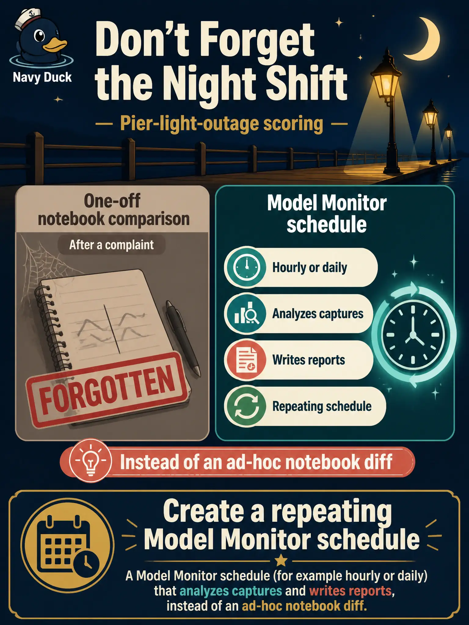 To Create an exciting colorful infographic that explains the concepts in the question: Question: Pier-light-outage scoring runs all night. A one-off notebook comparison was run after a complaint and then forgotten. Official Model Monitor skill includes a repeating schedule. What should they create? Correct Answer: A Model Monitor schedule (for example hourly or daily) that analyzes captures and writes reports, instead of an ad-hoc notebook diff. Put EVERY visible label in double quotes. No people. No A/B/C/D letters. In one of the four corners put a little "Navy Duck".