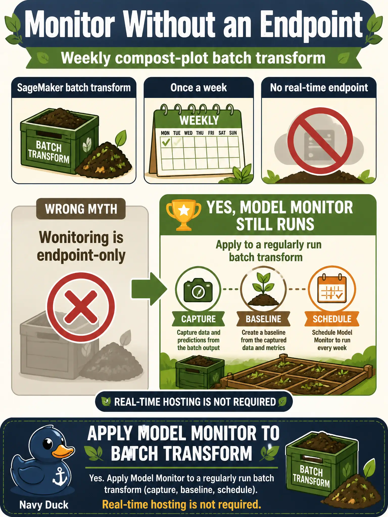 To Create an exciting colorful infographic that explains the concepts in the question: Question: Compost-plot demand is scored once a week with SageMaker batch transform. There is no real-time endpoint. Staff assume monitoring is an endpoint-only product. Can Model Monitor still run? Correct Answer: Yes. Apply Model Monitor to a regularly run batch transform (capture, baseline, schedule). Real-time hosting is not required. Put EVERY visible label in double quotes. No people. No A/B/C/D letters. In one of the four corners put a little "Navy Duck".