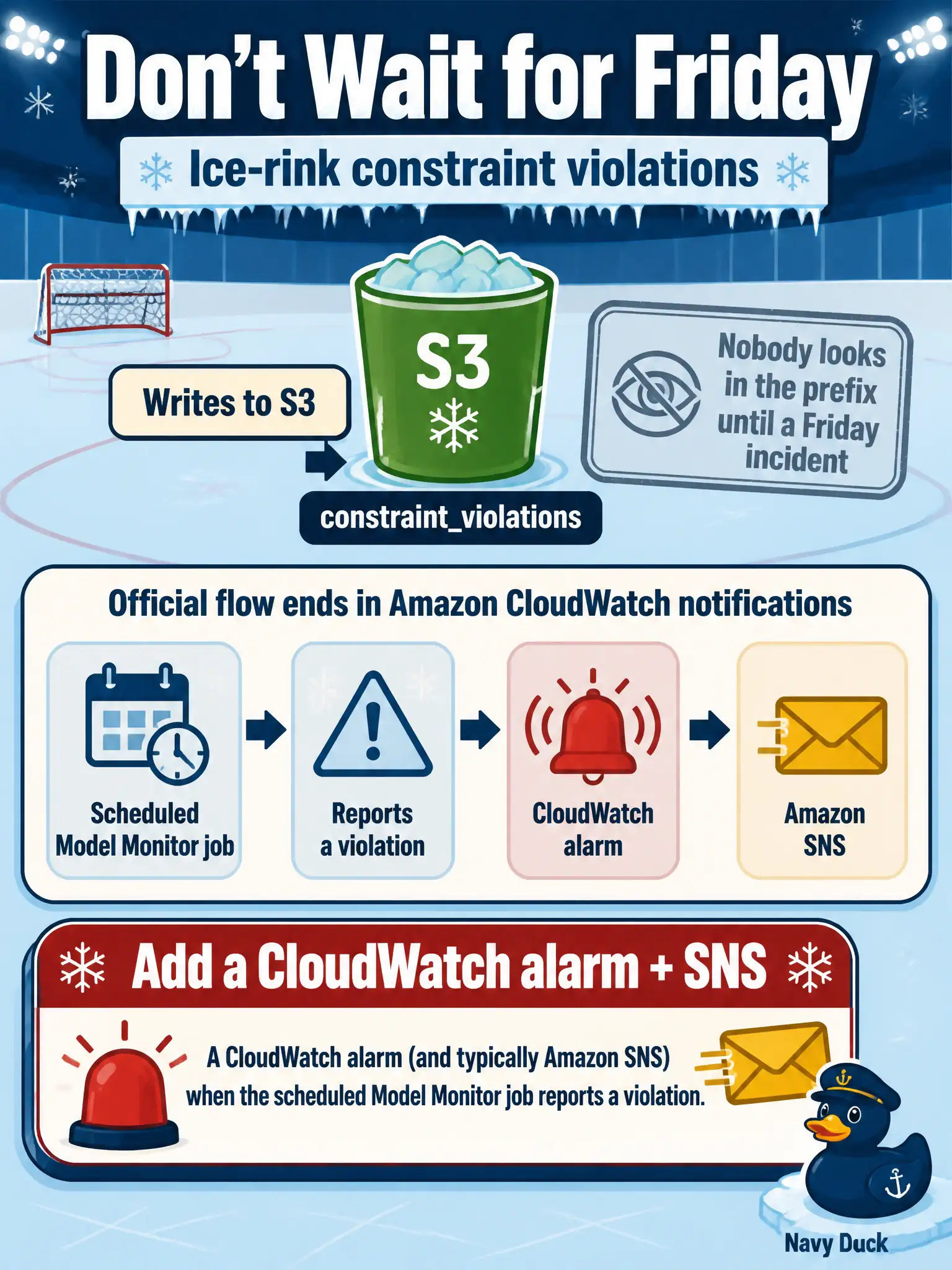 To Create an exciting colorful infographic that explains the concepts in the question: Question: Ice-rink intake monitors write constraintviolations objects to S3. Nobody looks in the prefix until a Friday incident. Official flow ends in Amazon CloudWatch notifications. What should they add? Correct Answer: A CloudWatch alarm (and typically Amazon SNS) when the scheduled Model Monitor job reports a violation. Put EVERY visible label in double quotes. No people. No A/B/C/D letters. In one of the four corners put a little "Navy Duck".