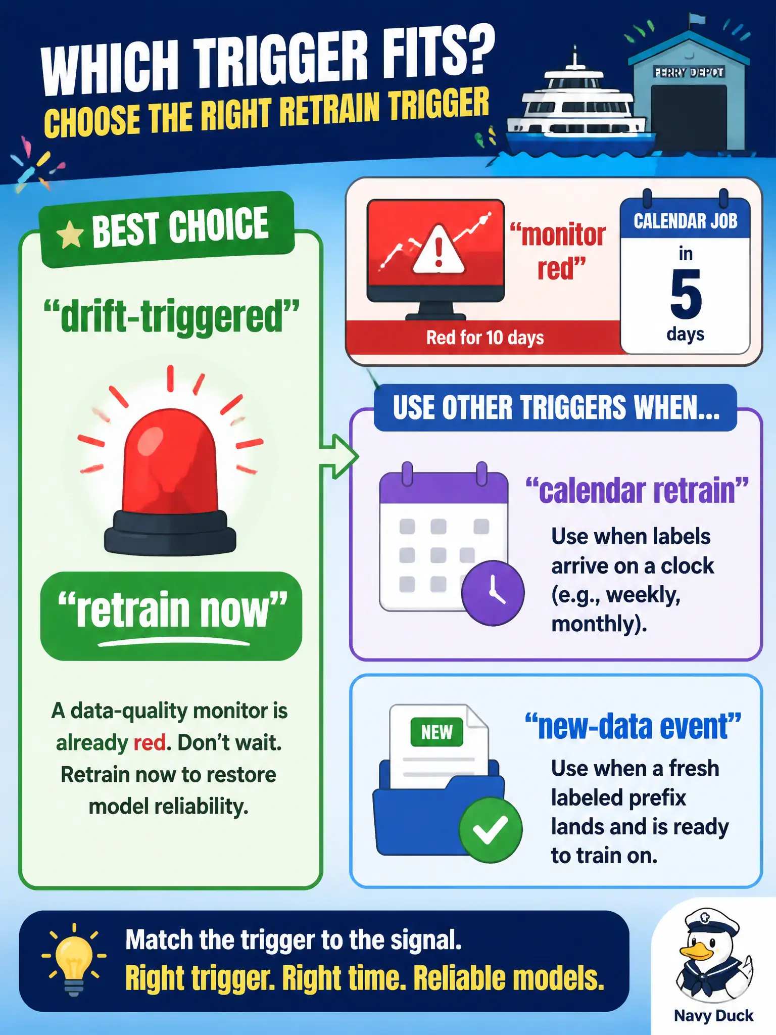 To Create an exciting colorful infographic that explains the concepts in the question: Question: Ferry-depot delay models currently retrain every Monday because that is when the pipeline hook was built. A data-quality monitor has been red for ten days while the calendar job is still five days away. Ops must choose the trigger, not redesign the pipeline. Which trigger fits? Correct Answer: A drift-triggered retrain now, because monitors already violate. Use a calendar retrain when labels arrive on a clock, or a new-data event when a fresh labeled prefix lands. Put EVERY visible label in double quotes. No people. No A/B/C/D letters. In one of the four corners put a little "Navy Duck".