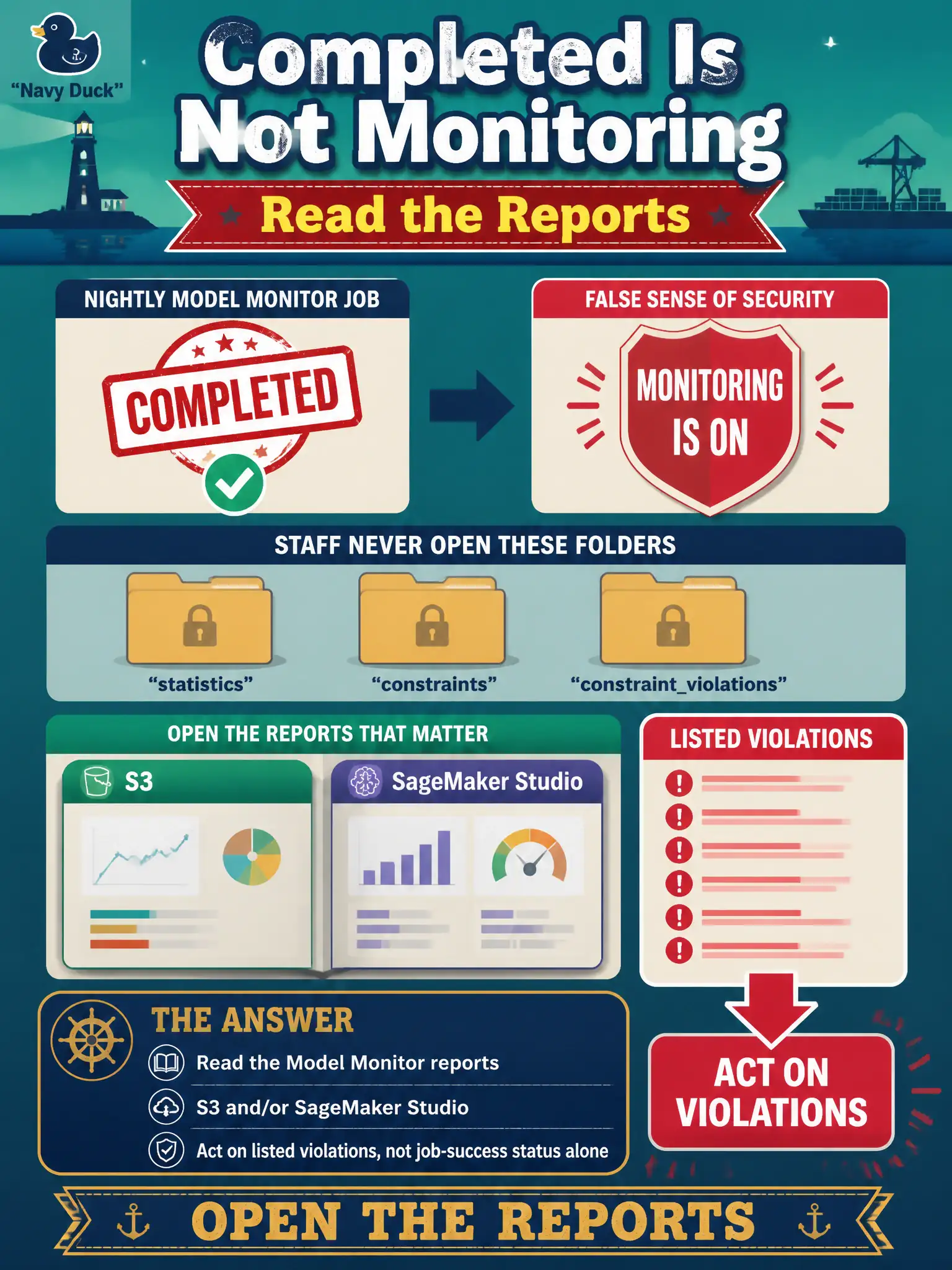 To Create an exciting colorful infographic that explains the concepts in the question: Question: Harbor ticket-risk schedules finish Completed every night. Staff never open the statistics, constraints, or constraintviolations objects, then claim monitoring is on. What should they do? Correct Answer: Read the Model Monitor reports (S3 and/or SageMaker Studio) and act on listed violations, not on job-success status alone. Put EVERY visible label in double quotes. No people. No A/B/C/D letters. In one of the four corners put a little "Navy Duck".